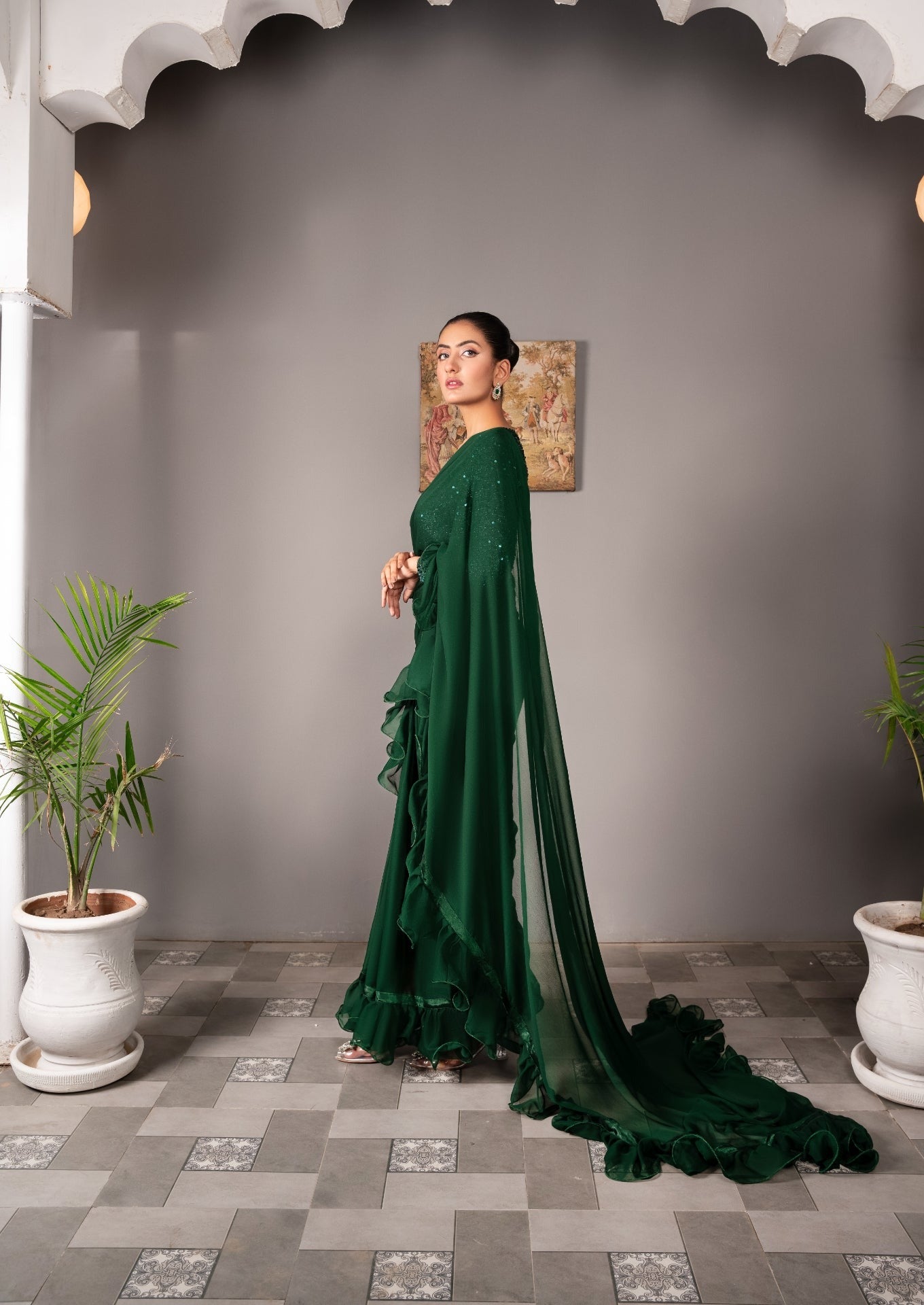 net Saree in Green