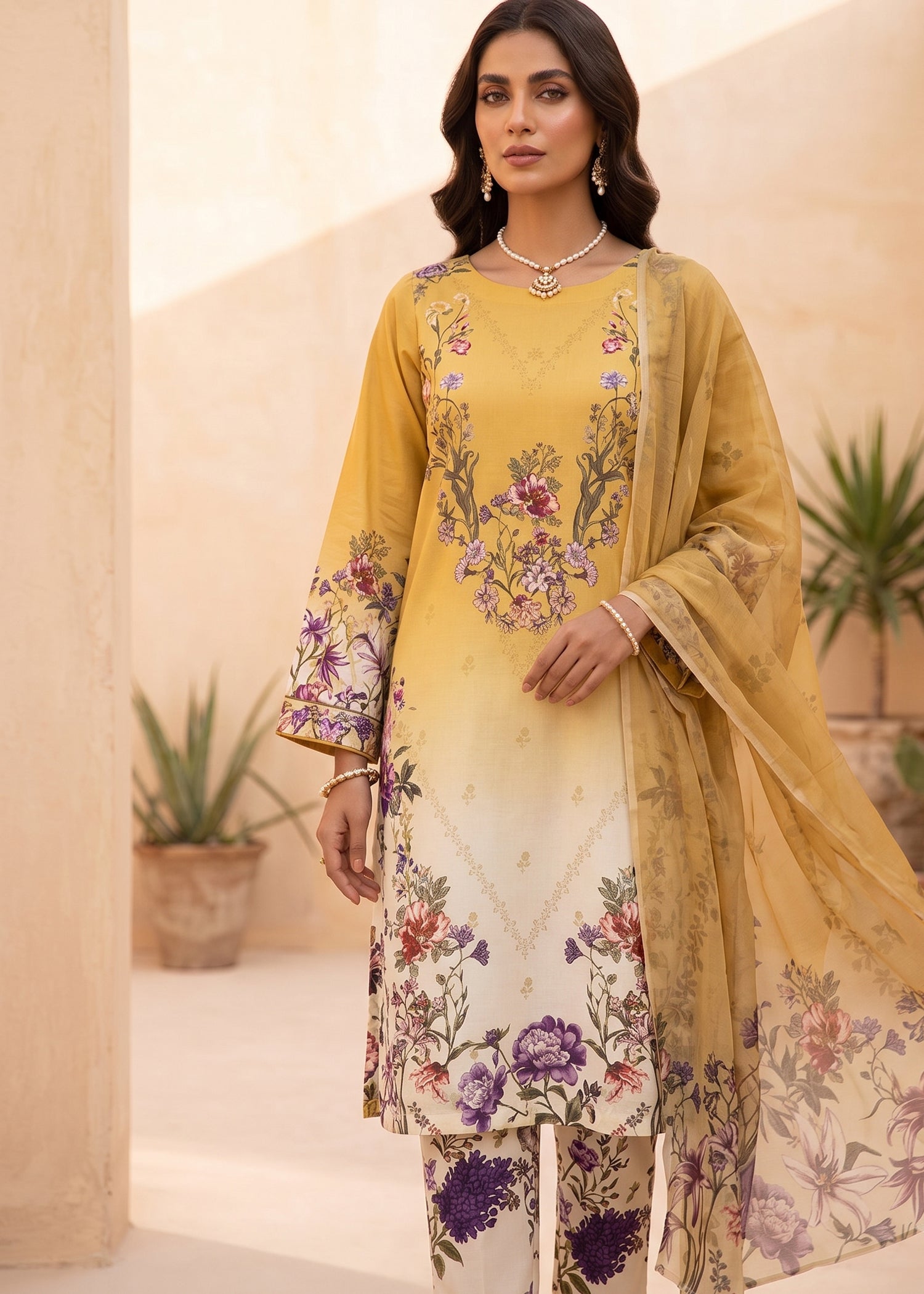 poly lawn Kurta Set in Sunflower