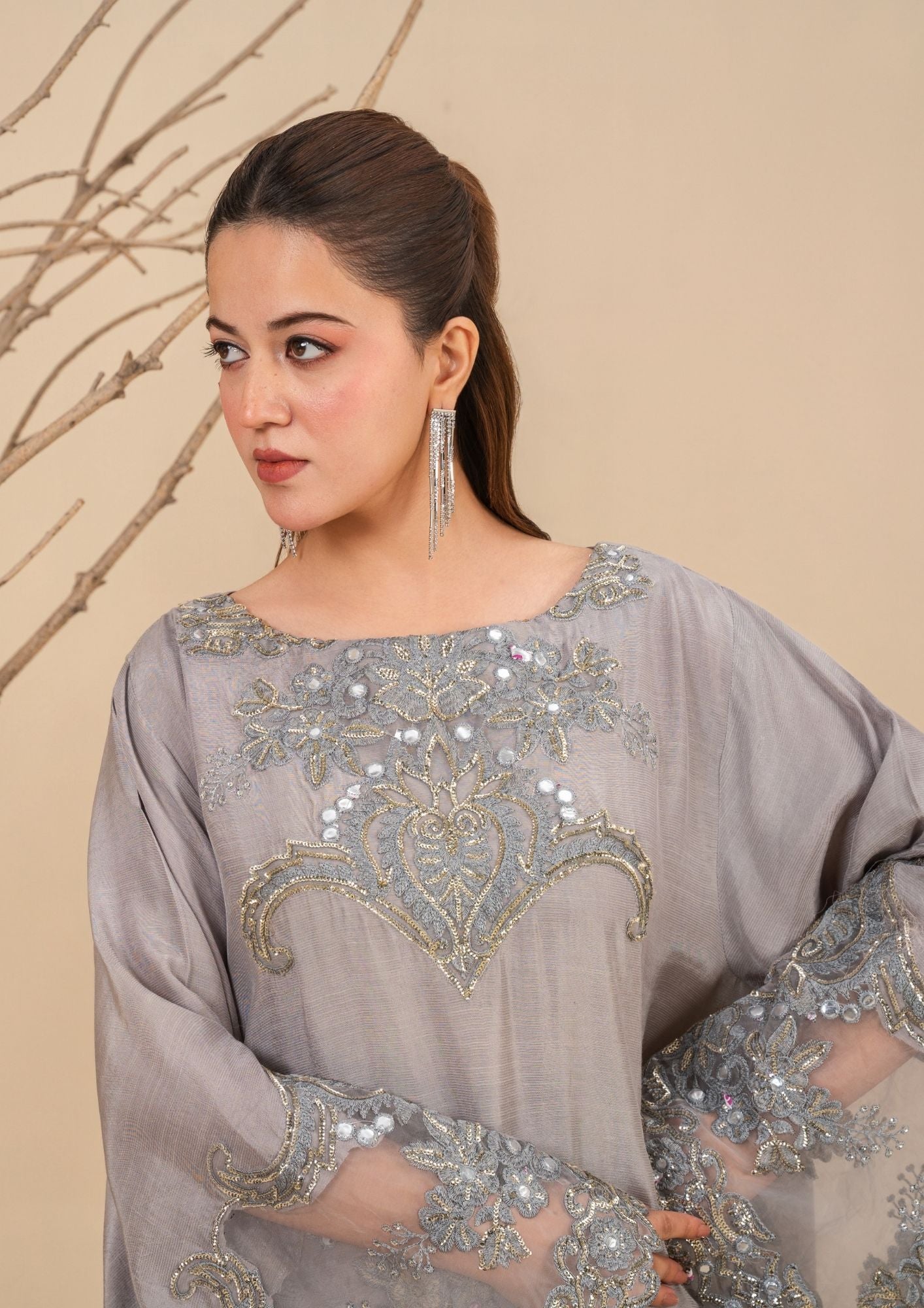 viscose raw silk Kurta Set in Dark grey