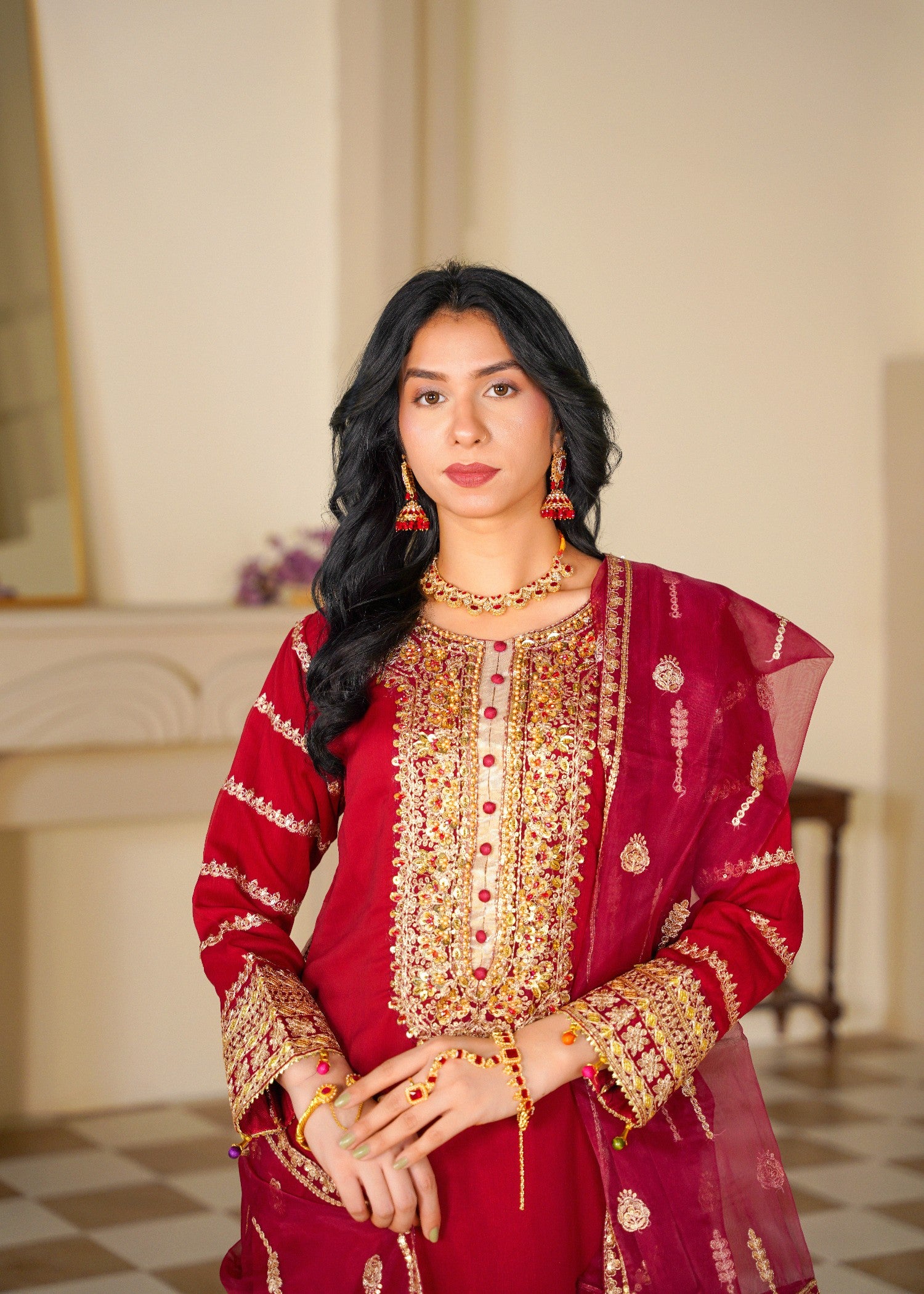 chiffon Sharara in Gold, cherry red