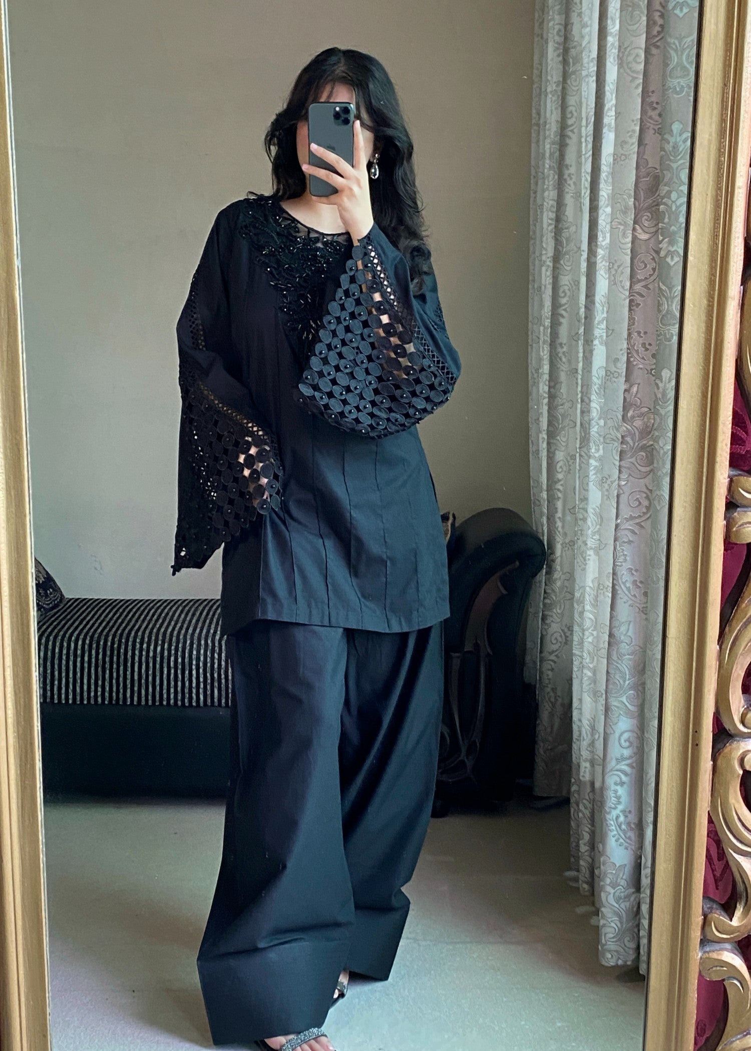 lawn cotton Kurta Set in Jet black