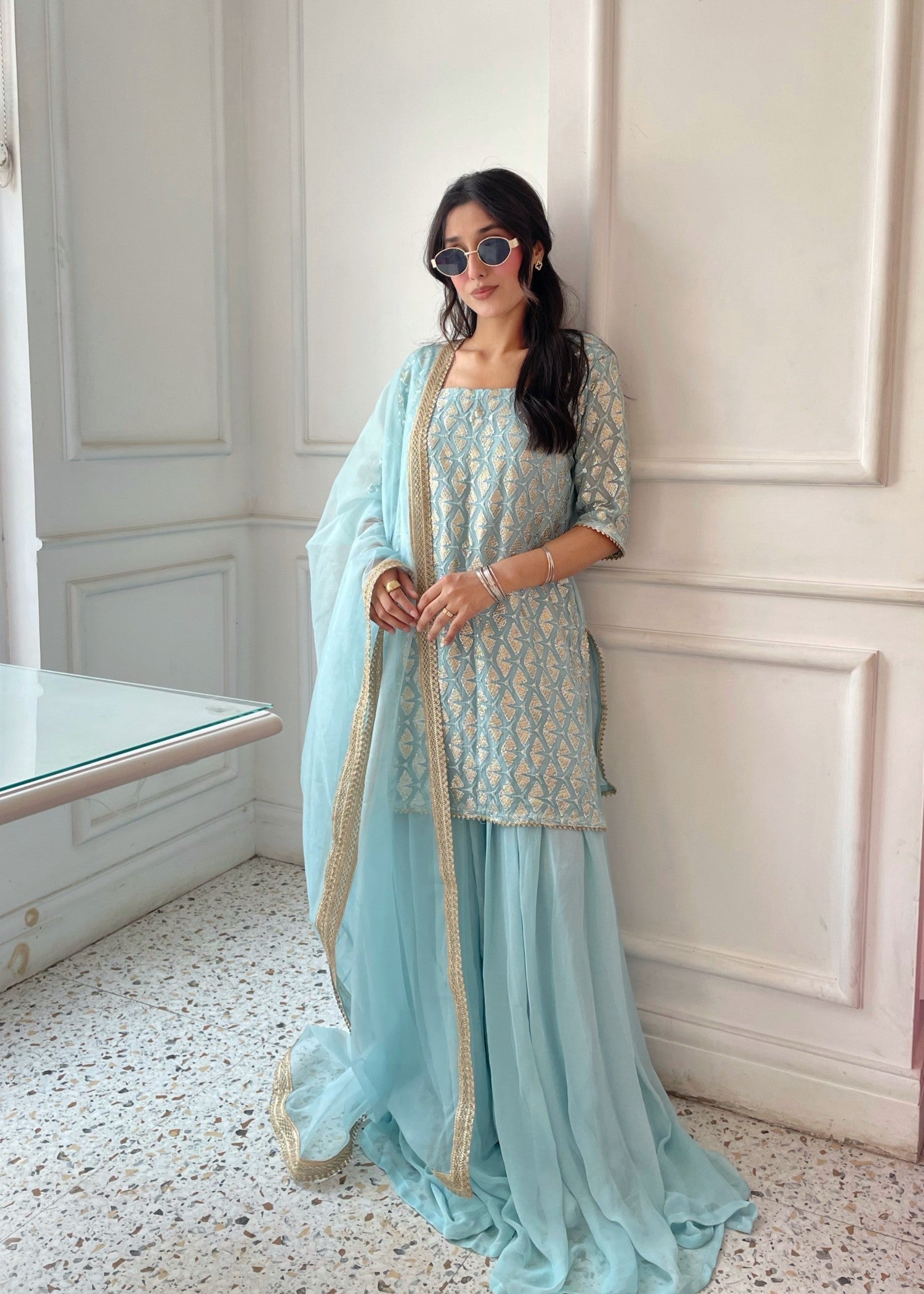 bemberg crinkle chiffon Sharara in Sky blue