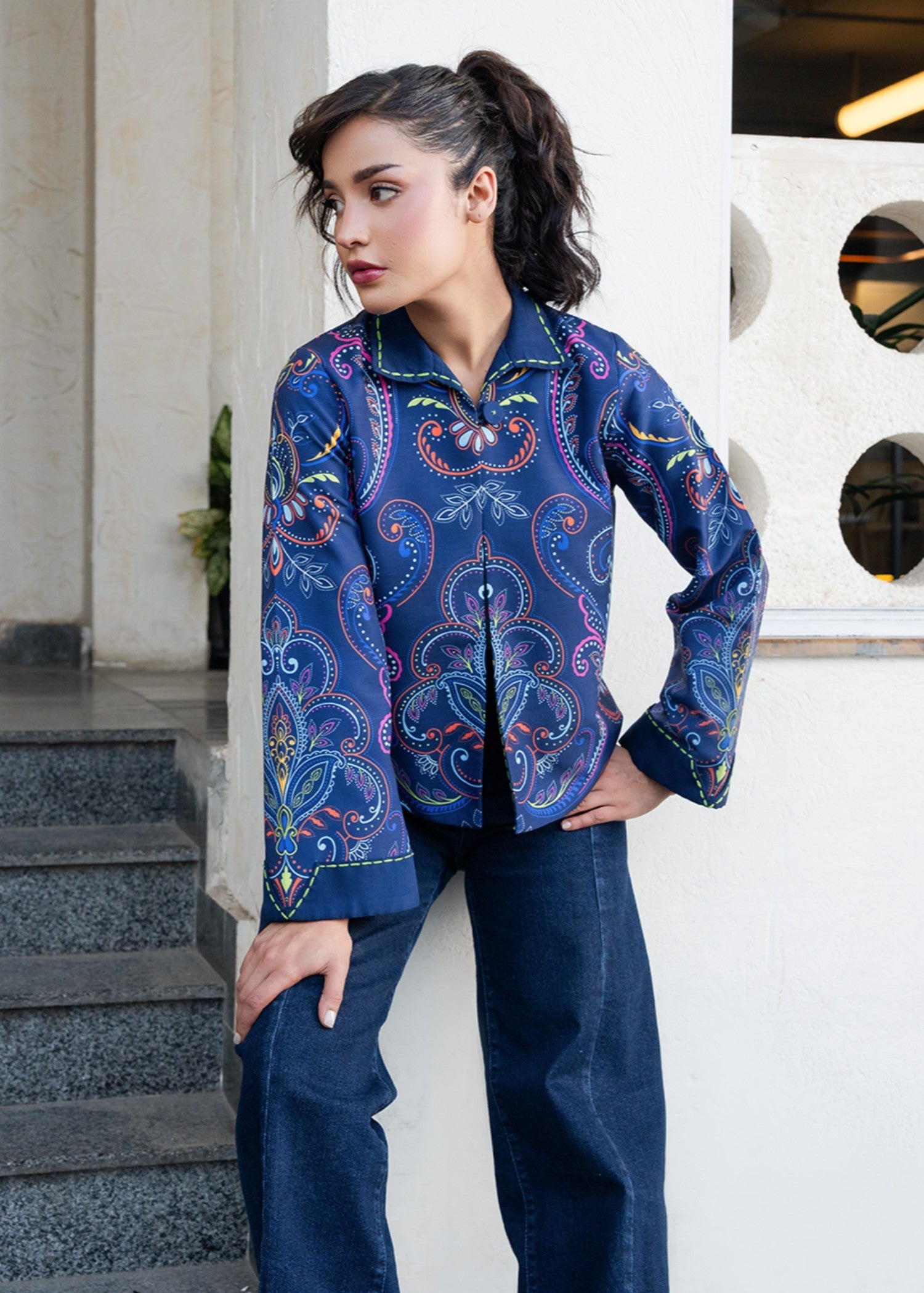slub khaddar Jacket in Blue