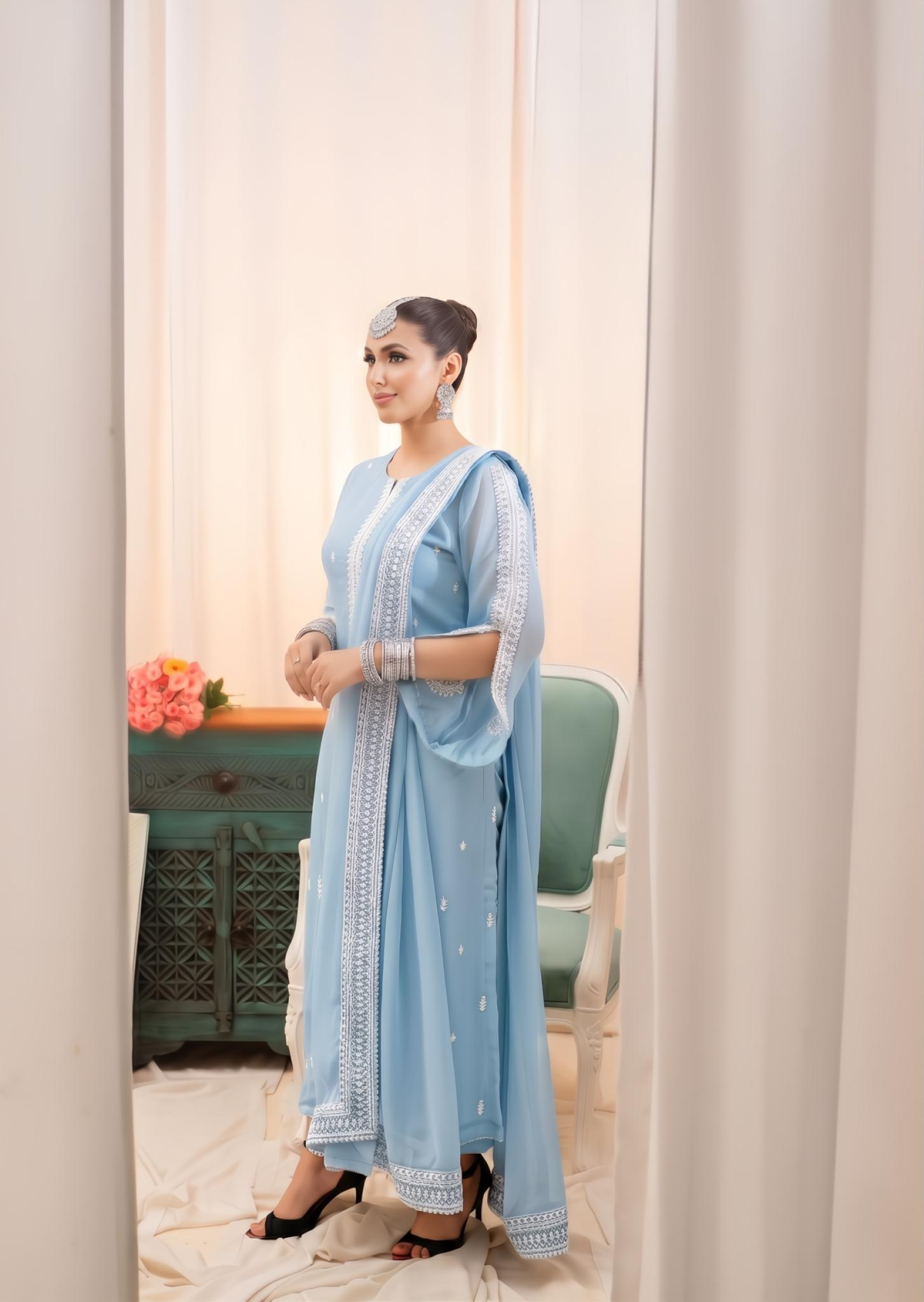 bemberg crinkle chiffon Kurta Set in Light blue