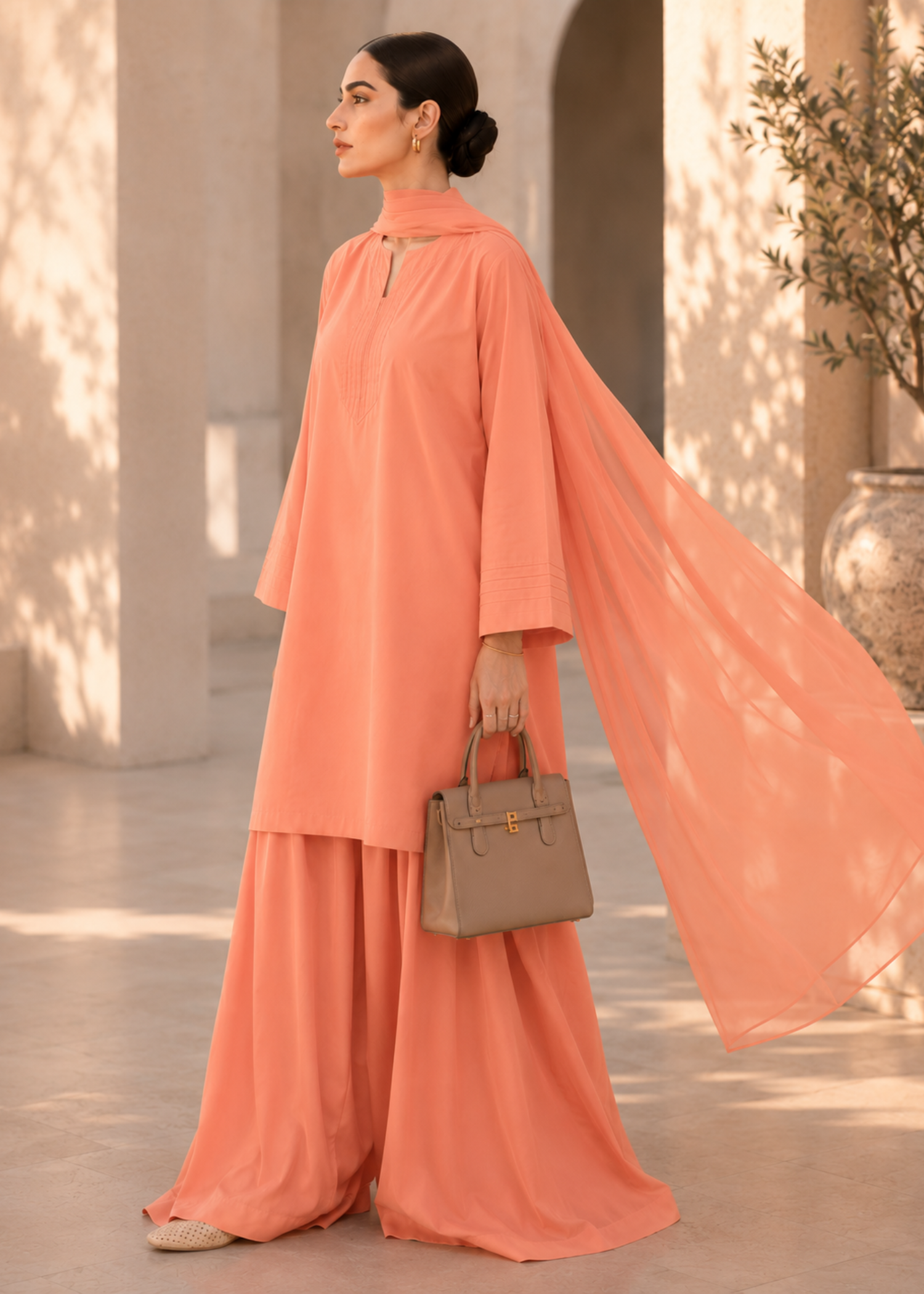 pure cotton Kurta Set in Apricot orange