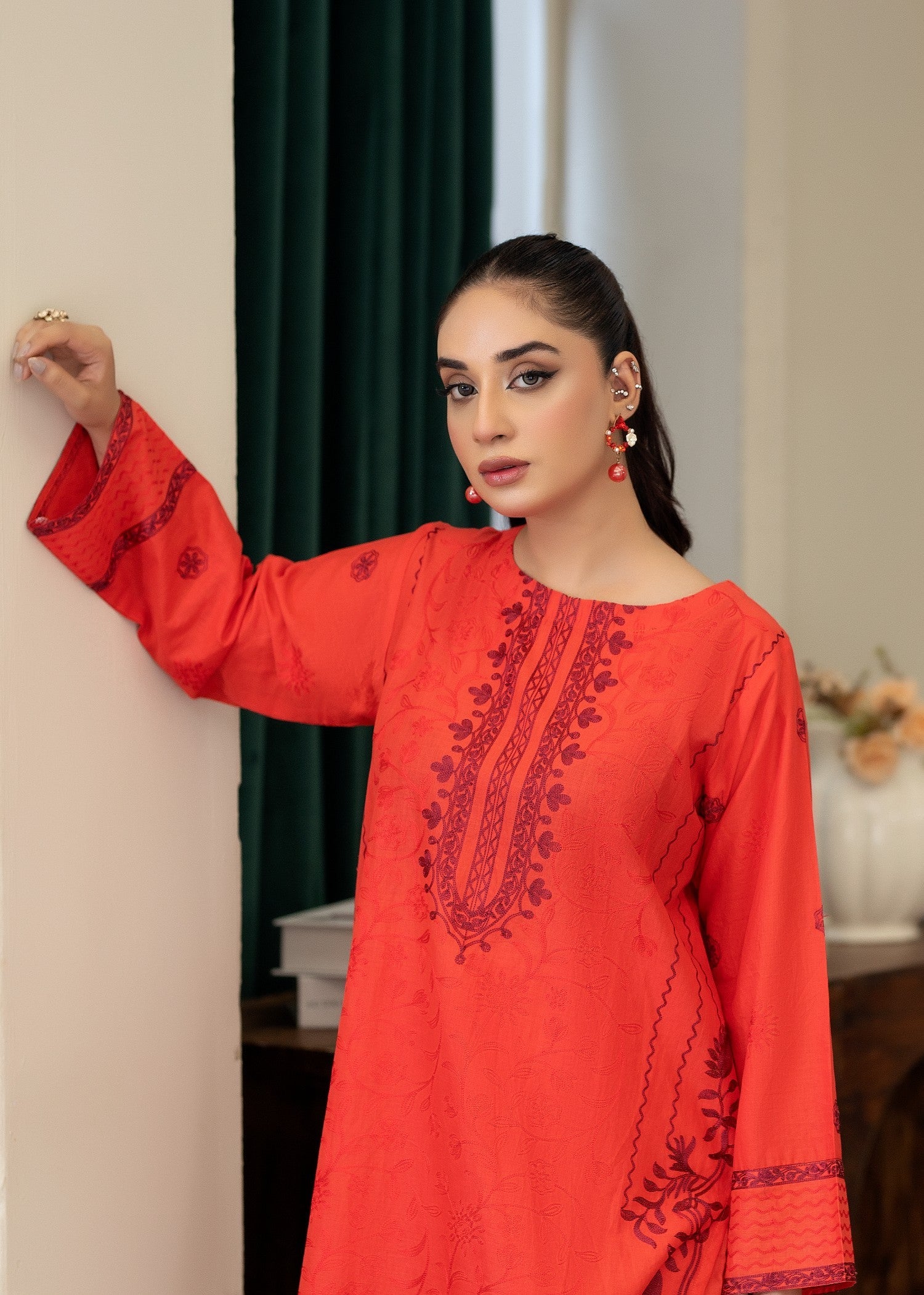 lawn cotton Kurta Set in Coral red