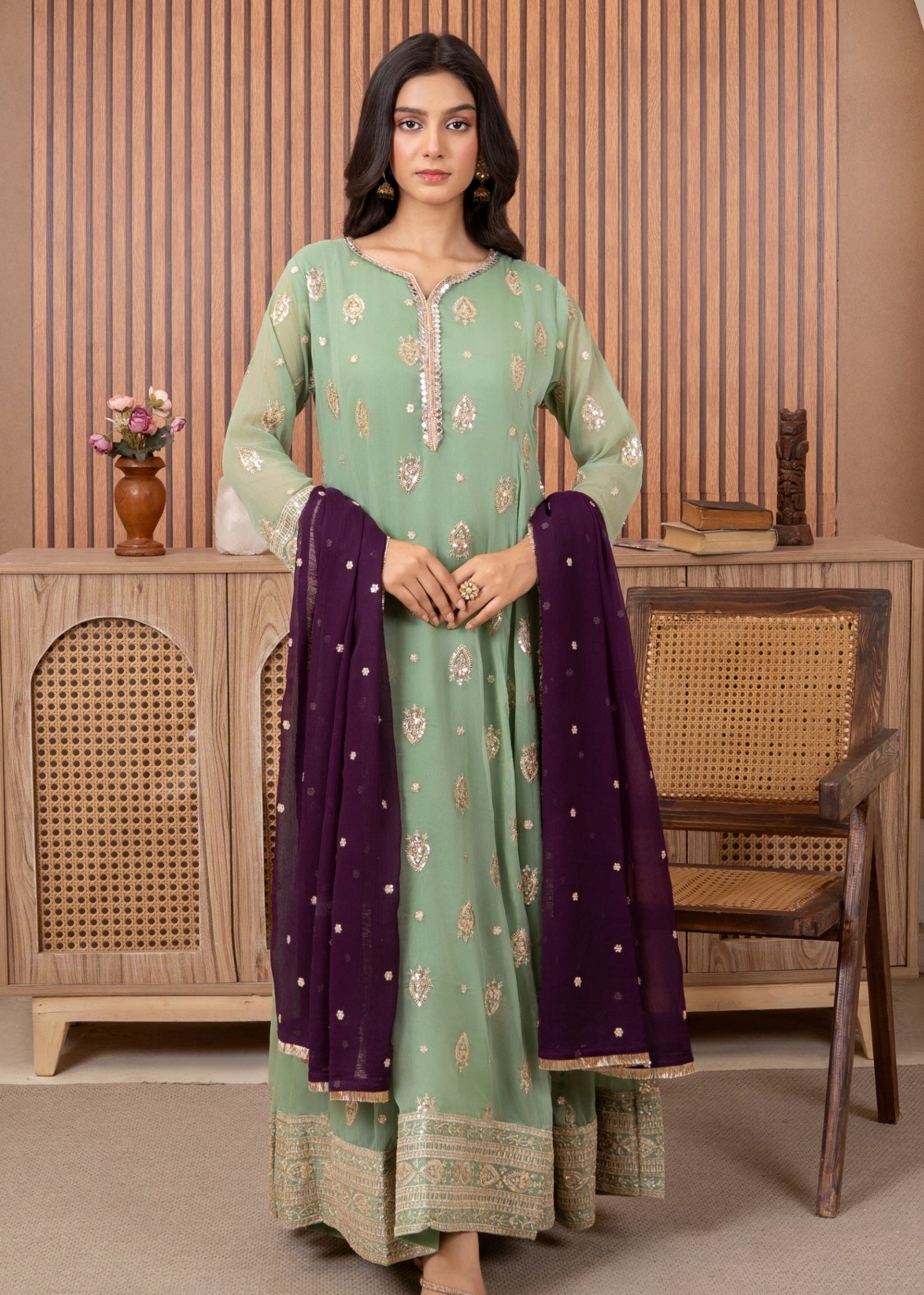 chiffon Pishwas in Pastel green