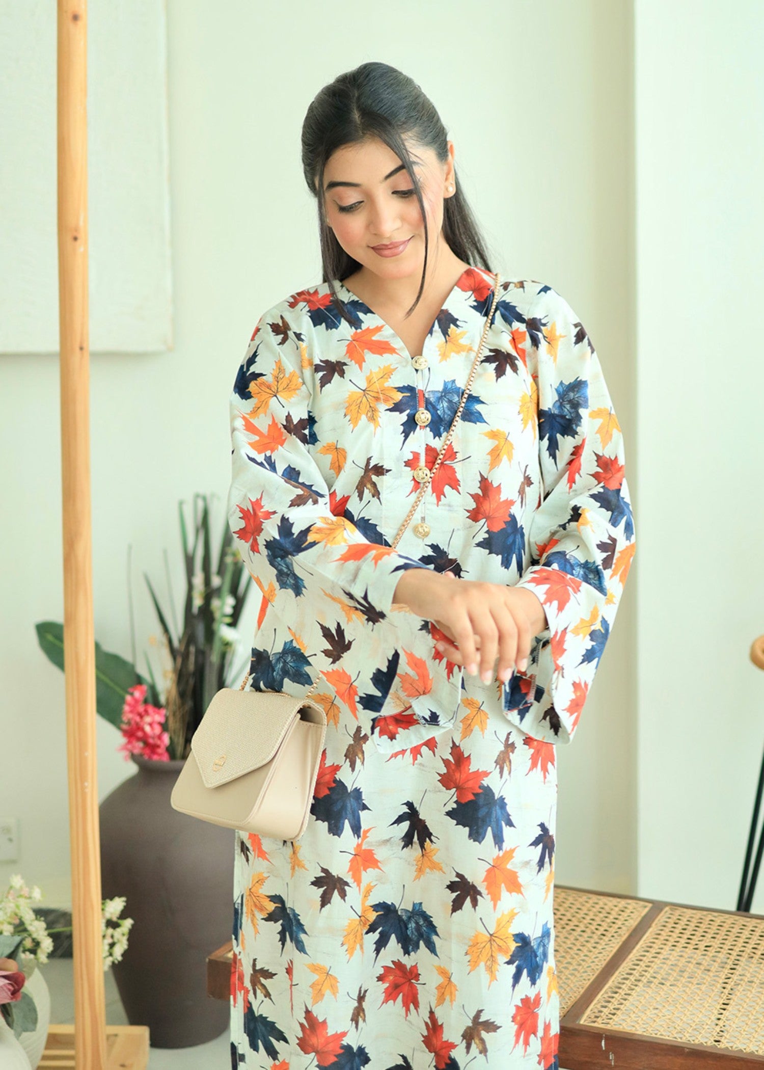 lawn Kurta Set in Beige, pumpkin orange, pale yellow