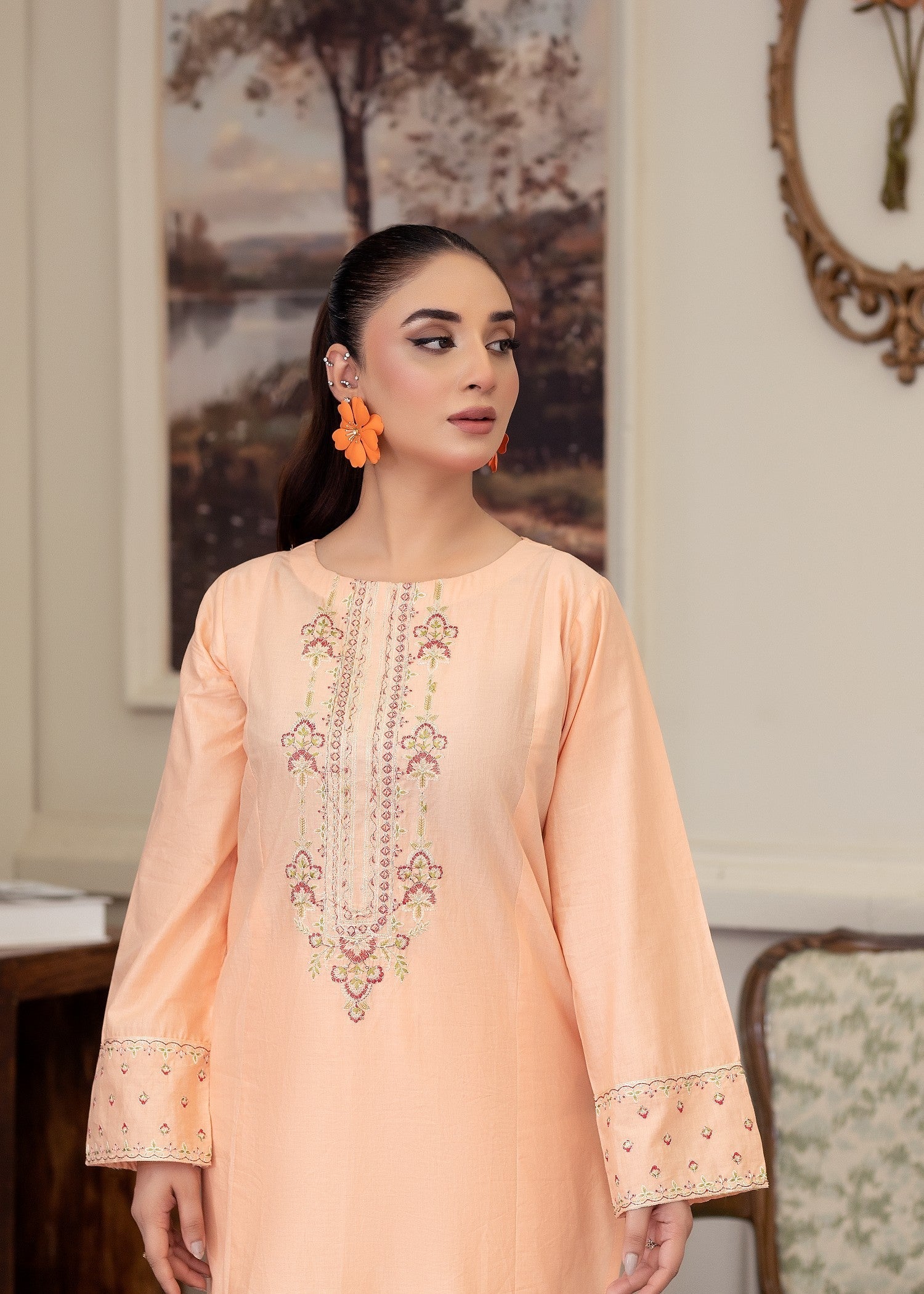 lawn cotton Kurta Set in Peach pink