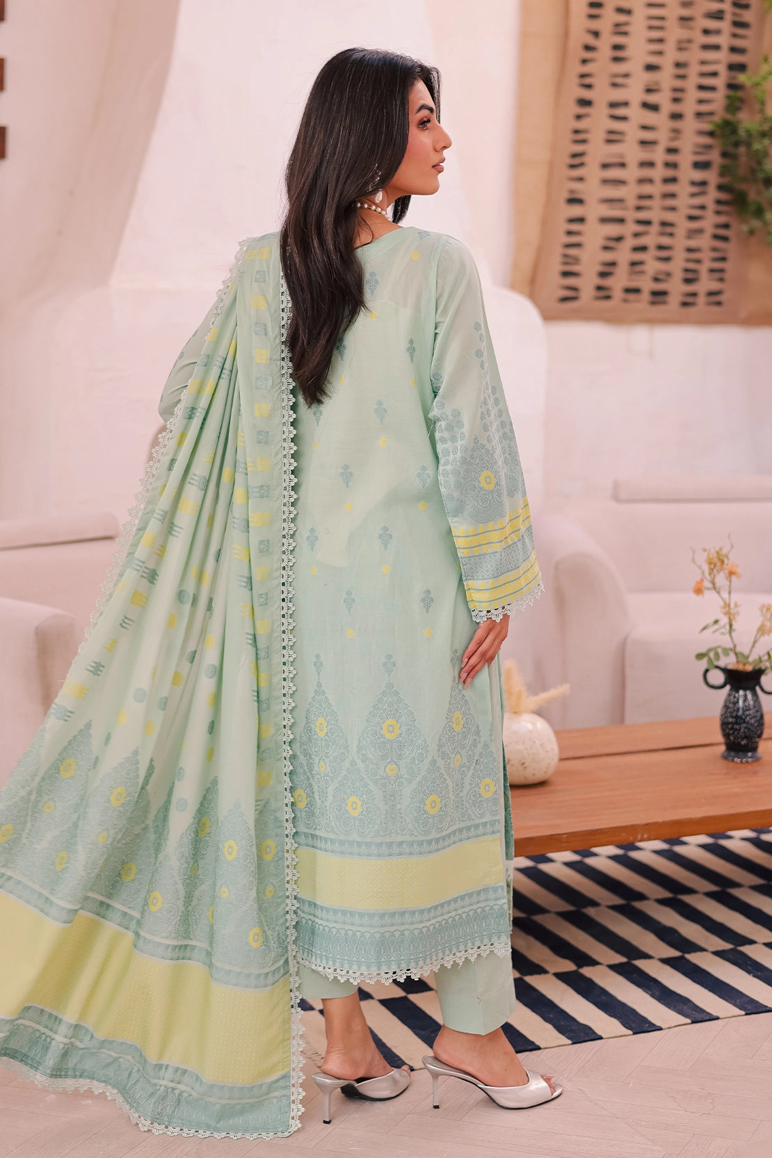 zari cotton Unstitched in Pastel green