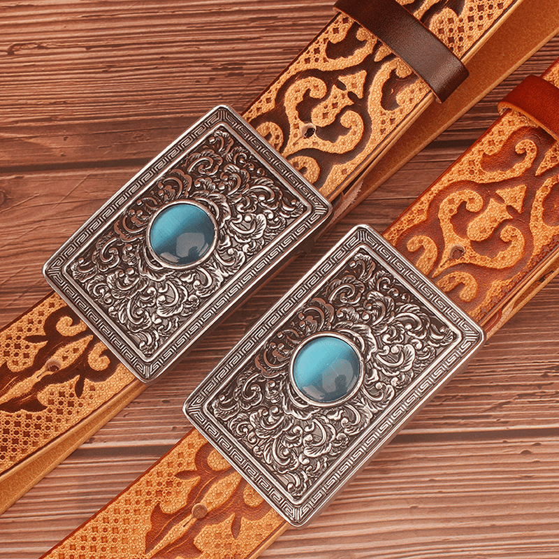 Ethnic Style Carved Leather Belt Head Layer Cowhide Personality Smooth Buckle
