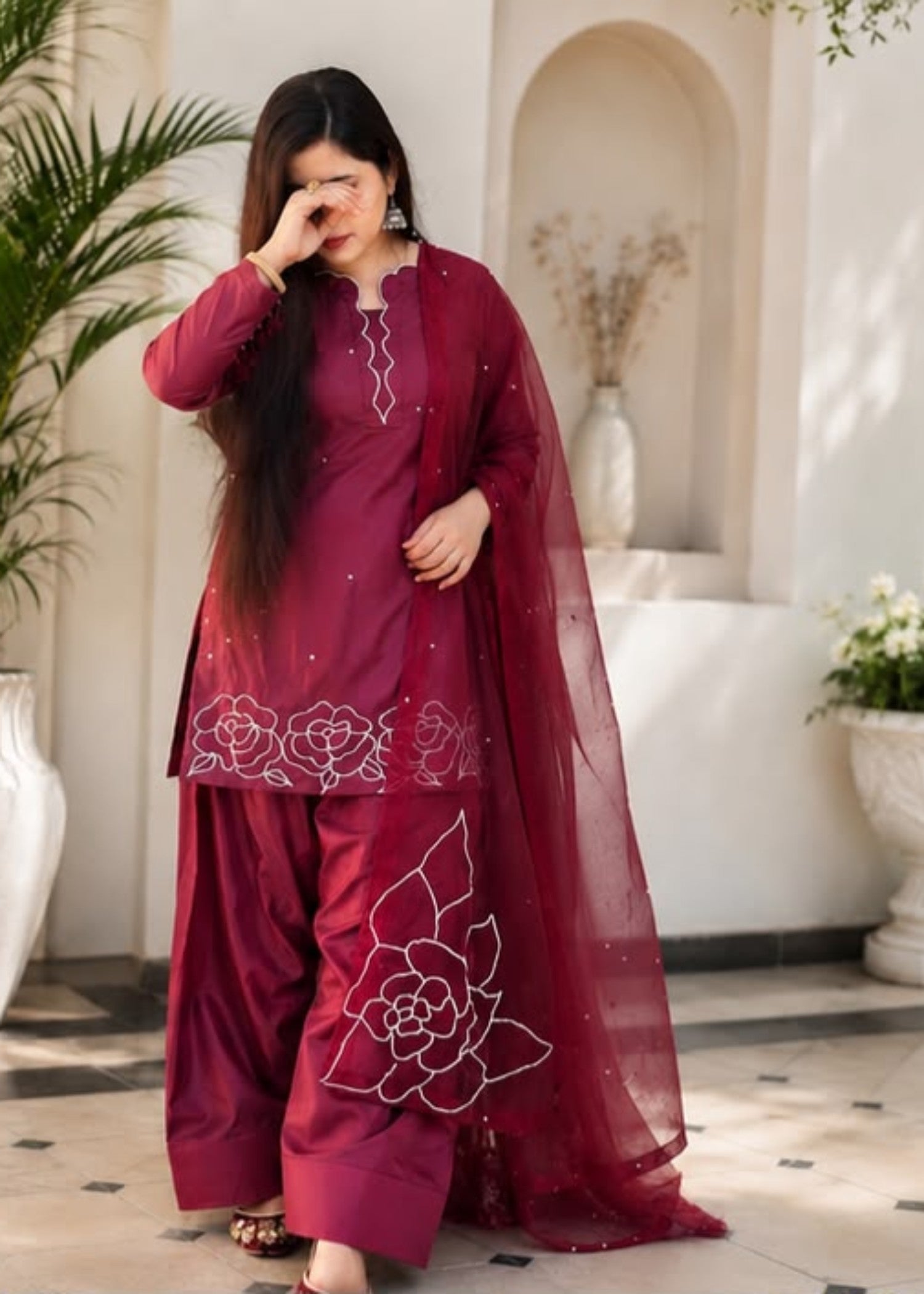 silk Kurta Set in Rose red