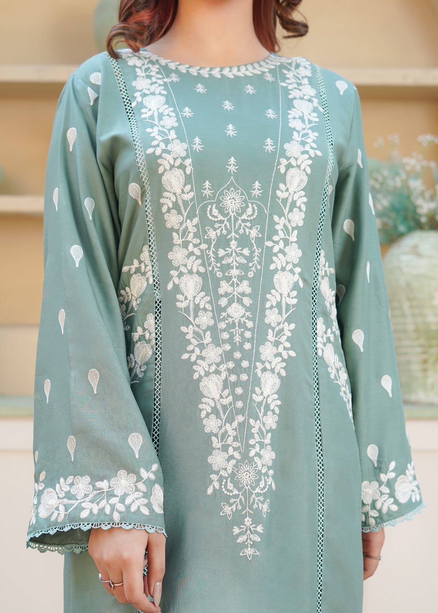 arabic lawn Kurta Set in Sage green