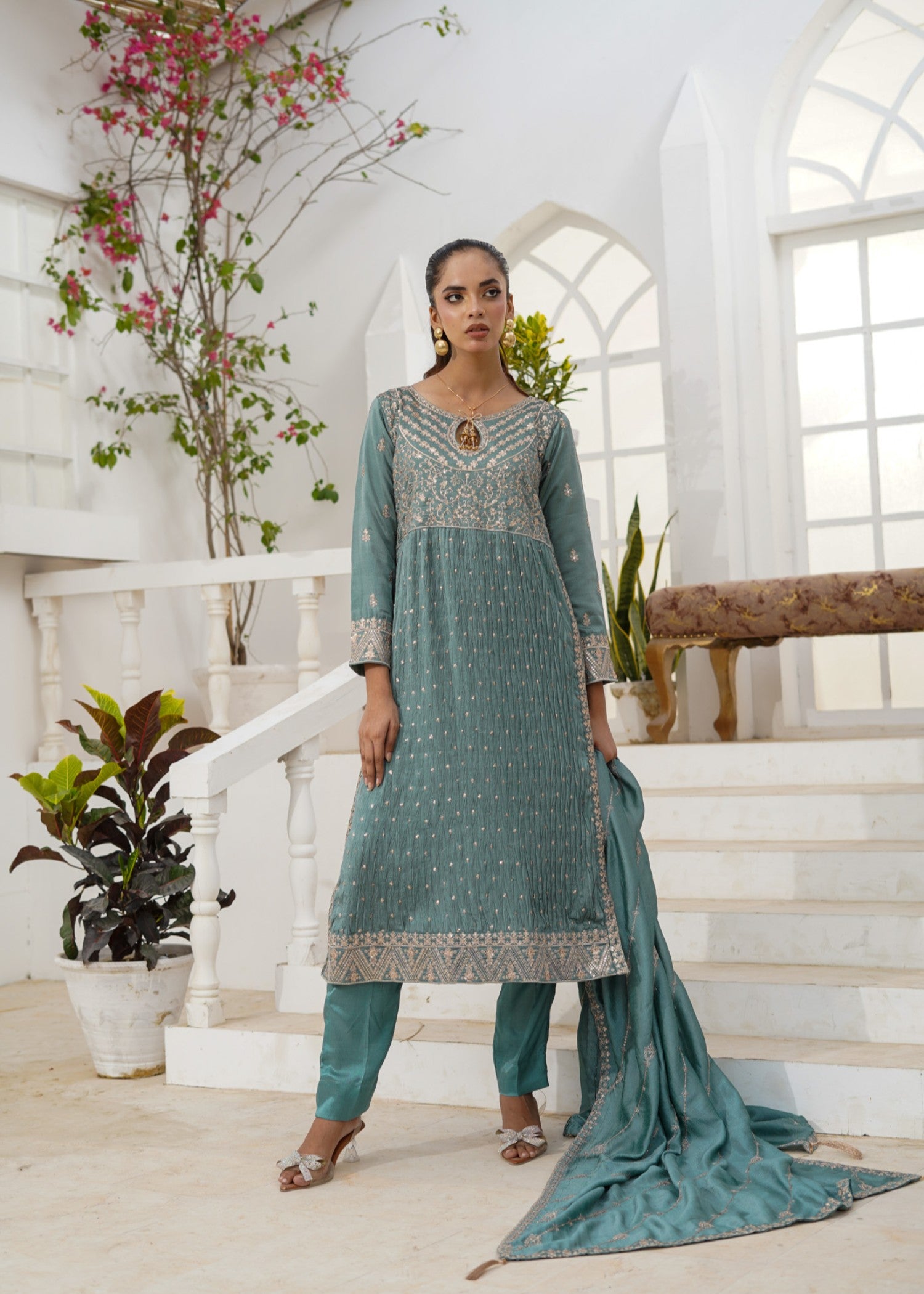 raw silk Kurta Set in Moss green