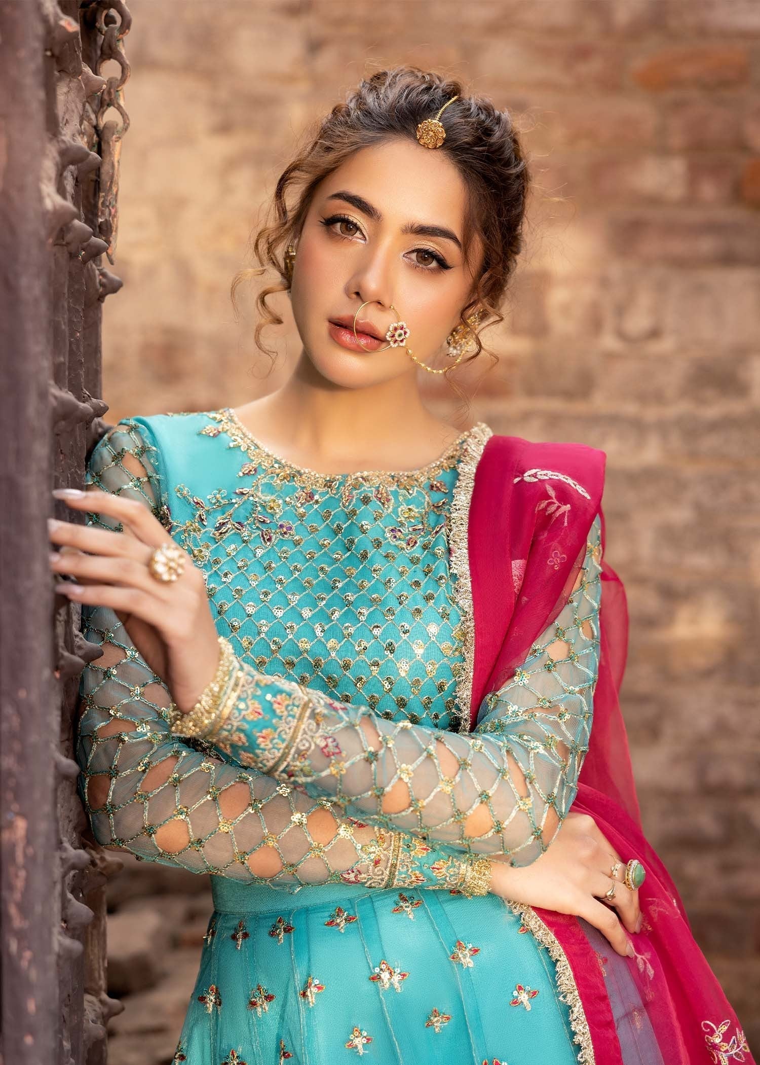 net Lehenga in Turquoise