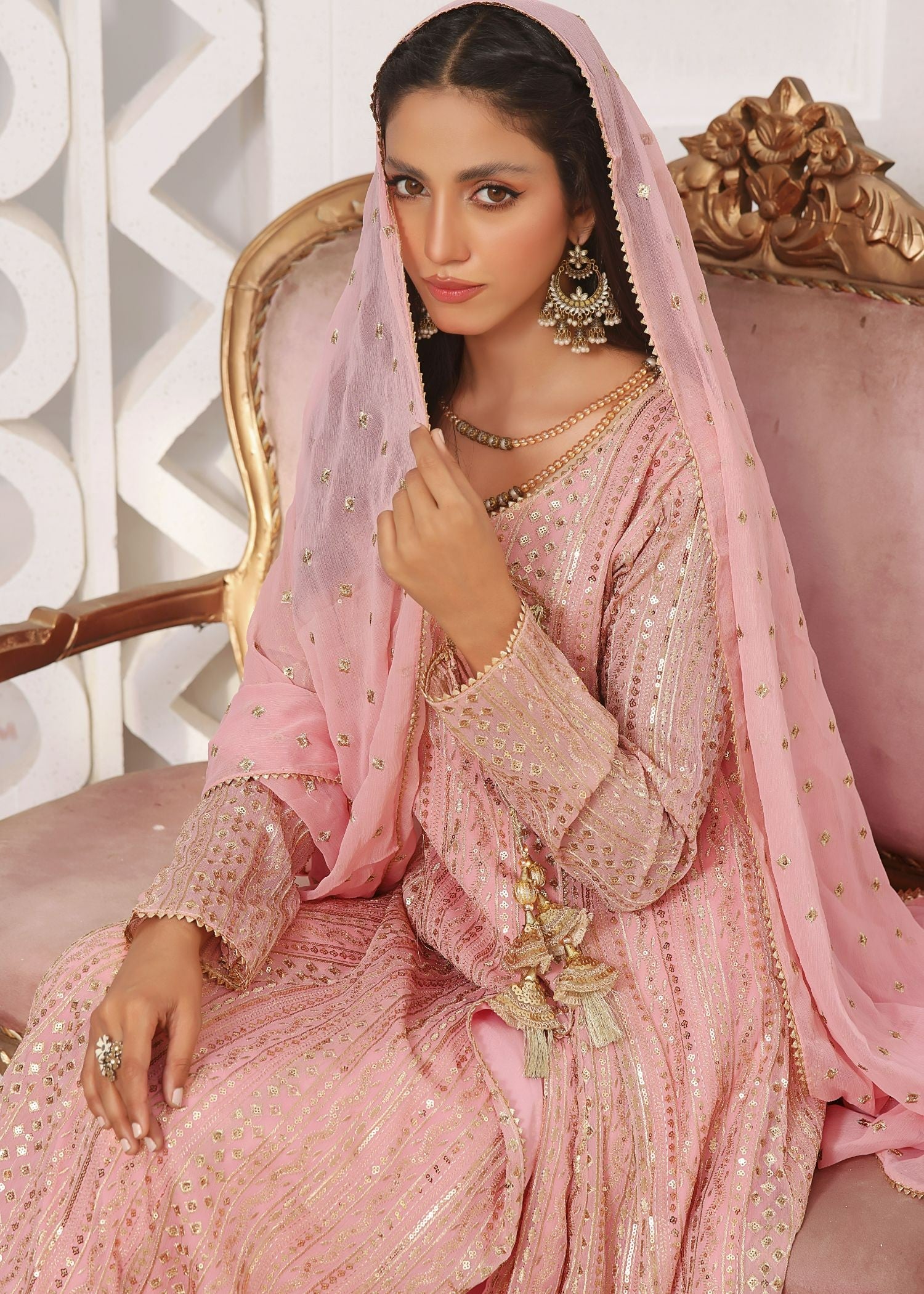 chiffon Angrakha in Baby pink