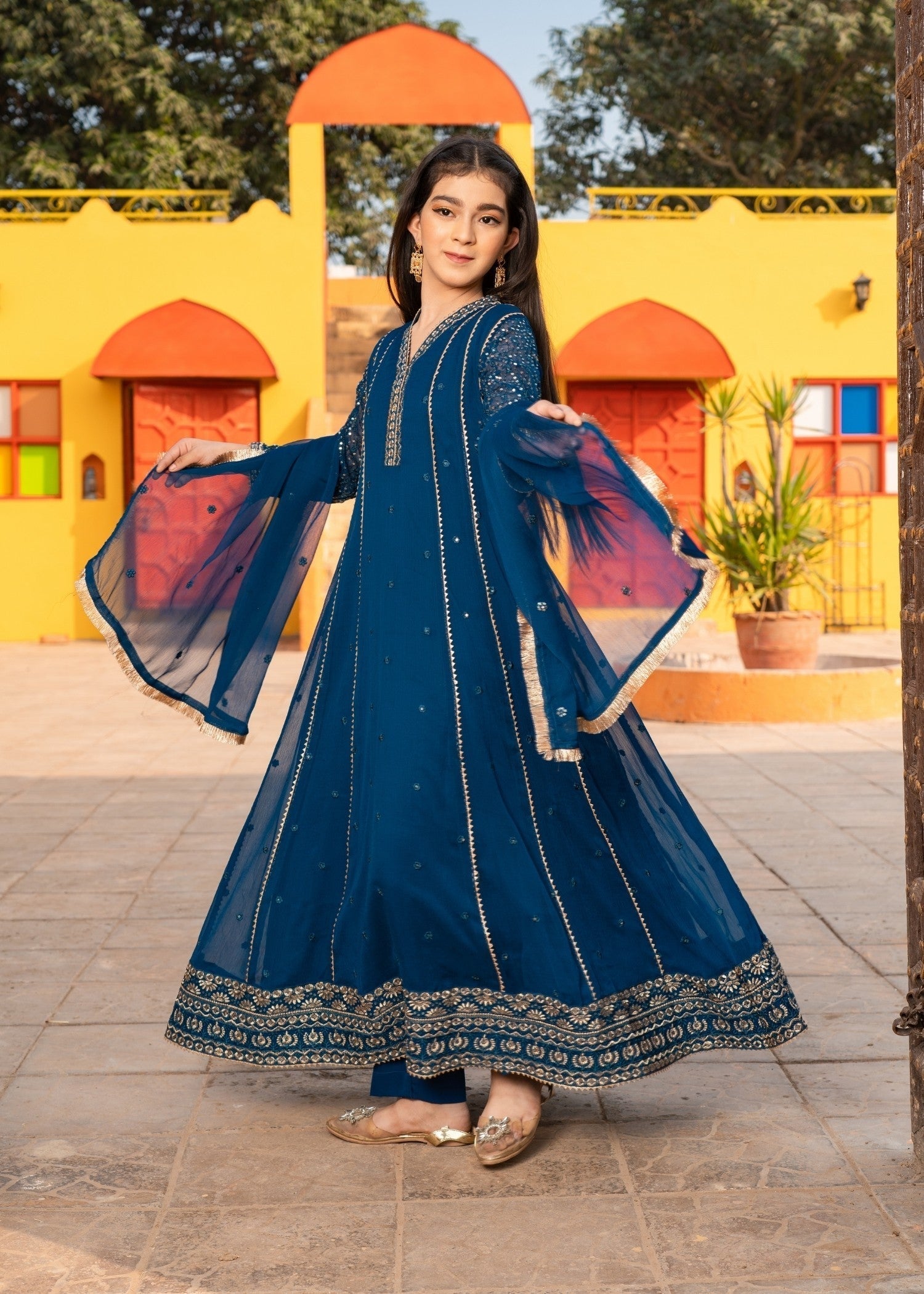 chiffon Pishwas in Teal