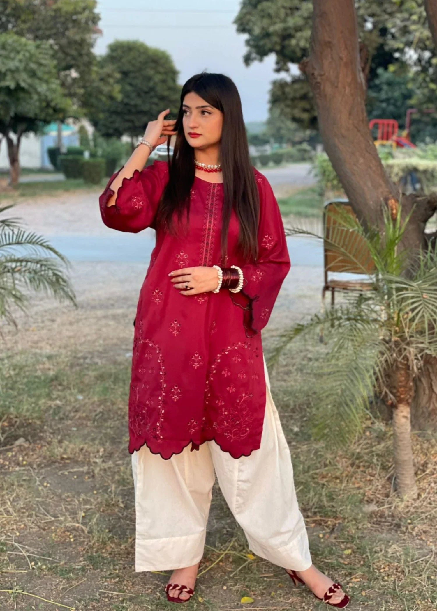 raw silk Kurta Set in Blood red, cream