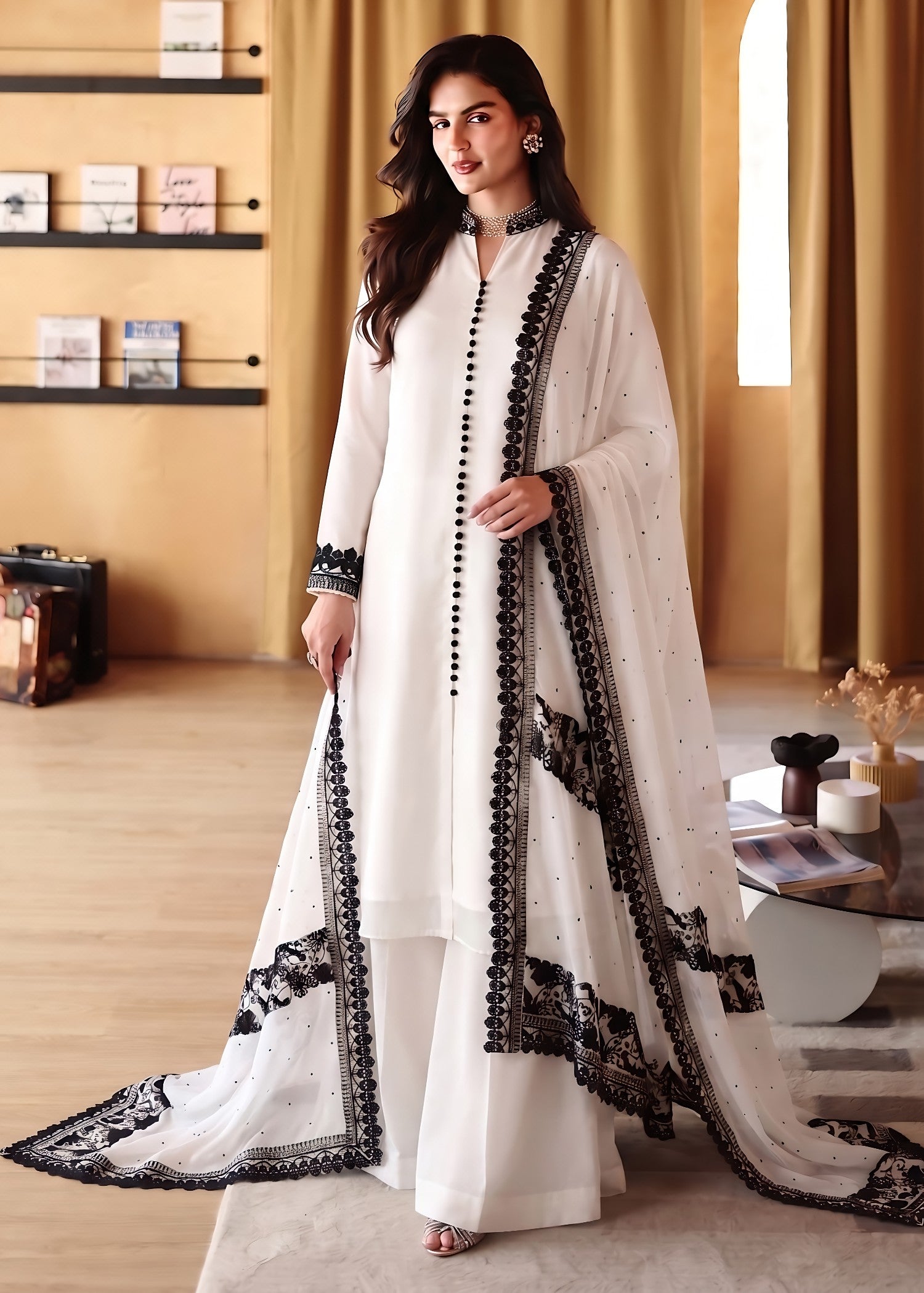bemberg crinkle chiffon Sharara in Off-white