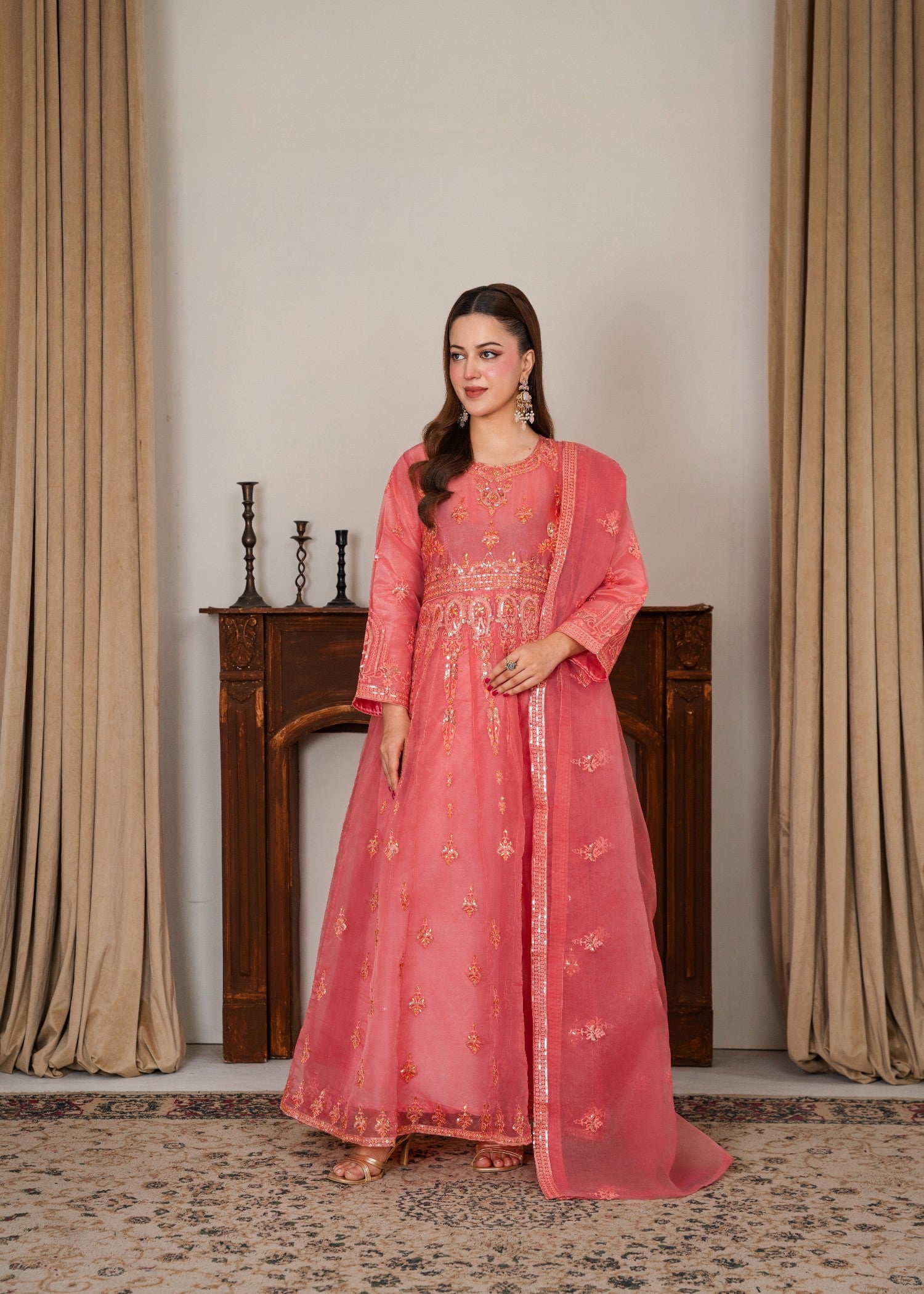 organza Pishwas in Peach pink