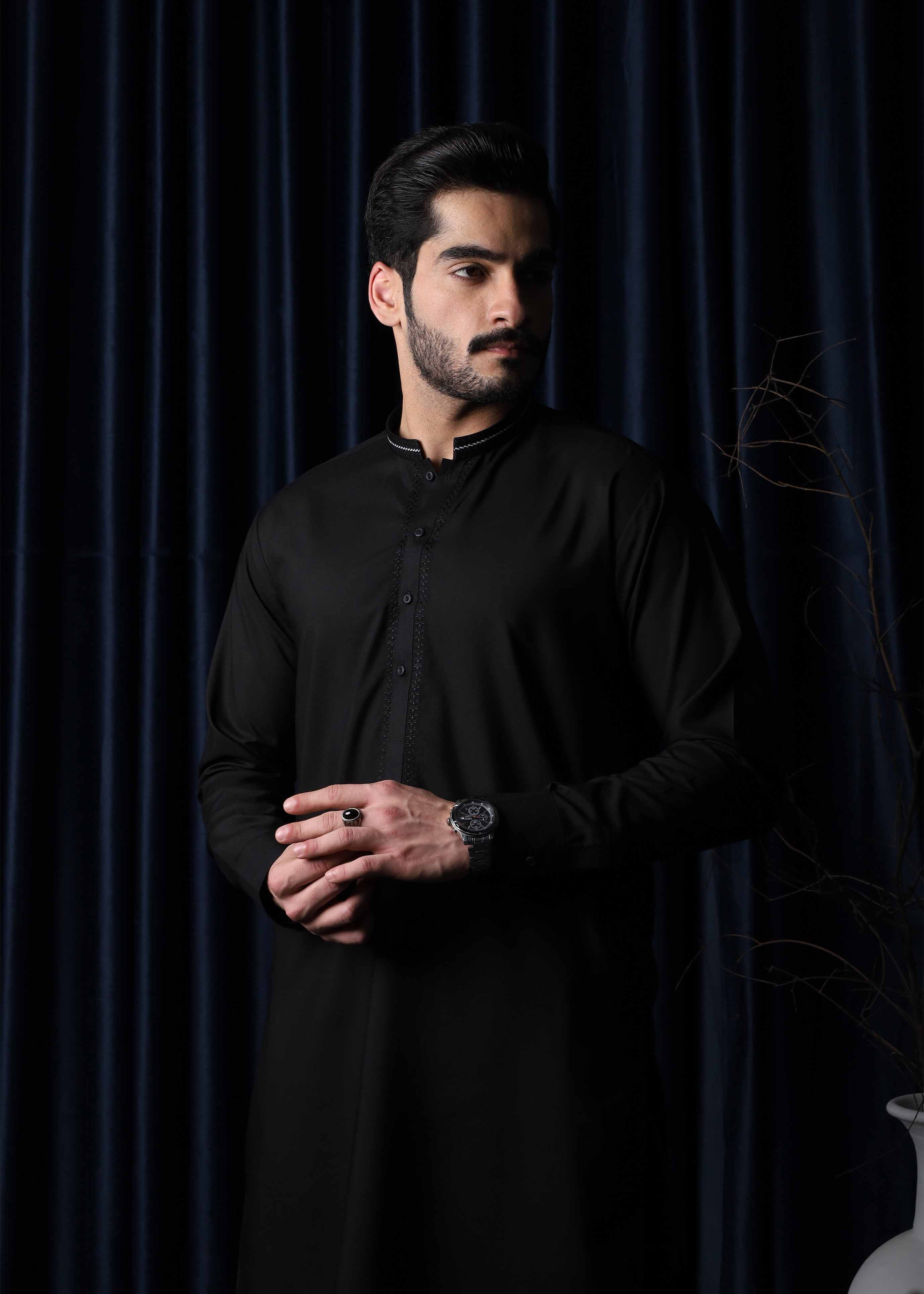 wash & wear Shalwar Kameez in Black by Mazham