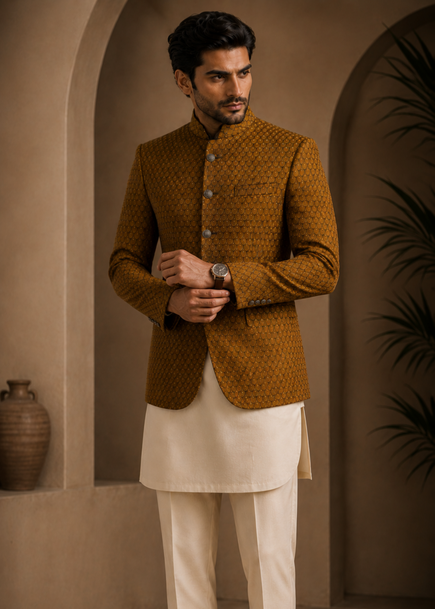 jamawar Prince Coat in Russet brown