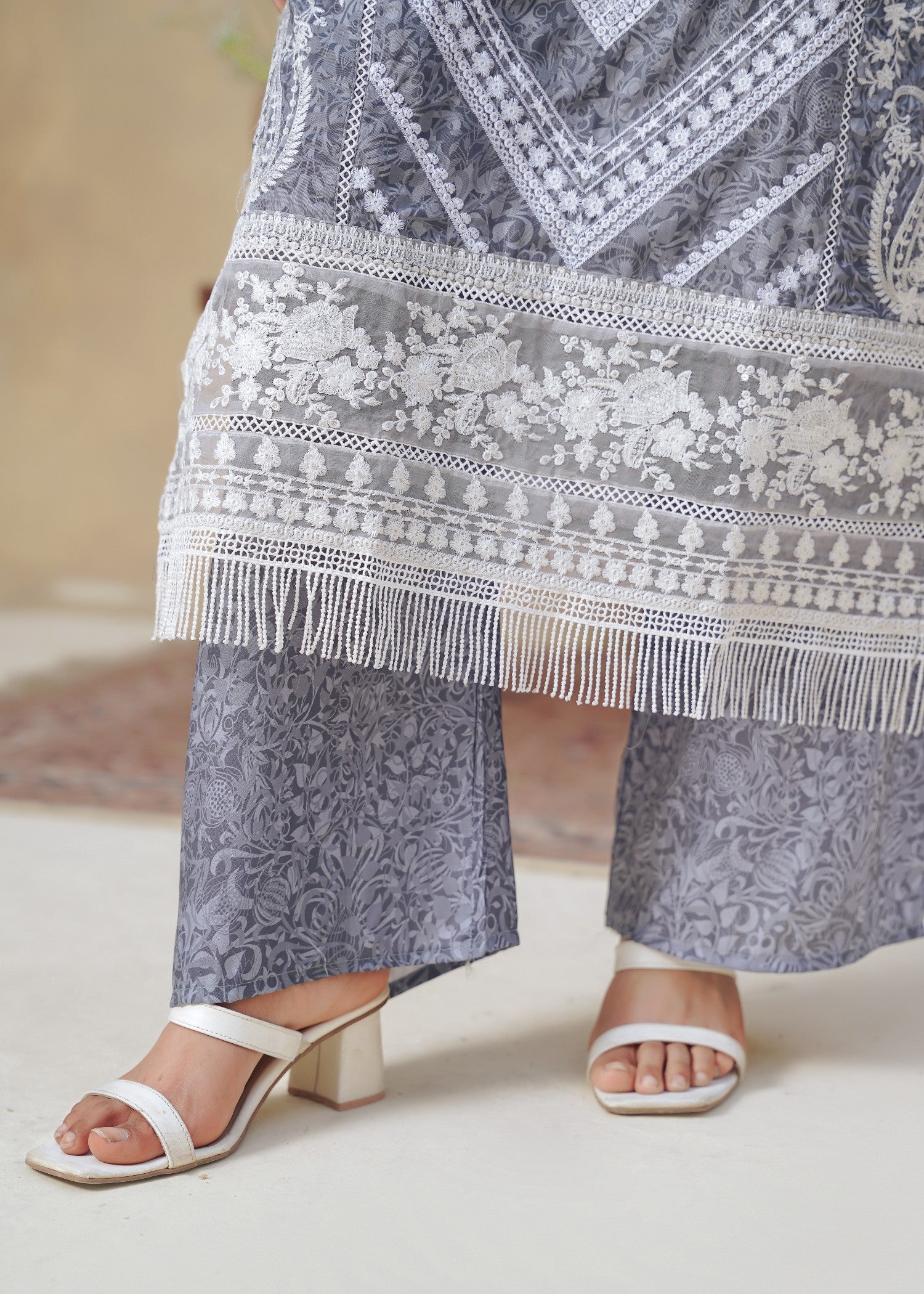 khaddi net Kurta Set in Cool grey