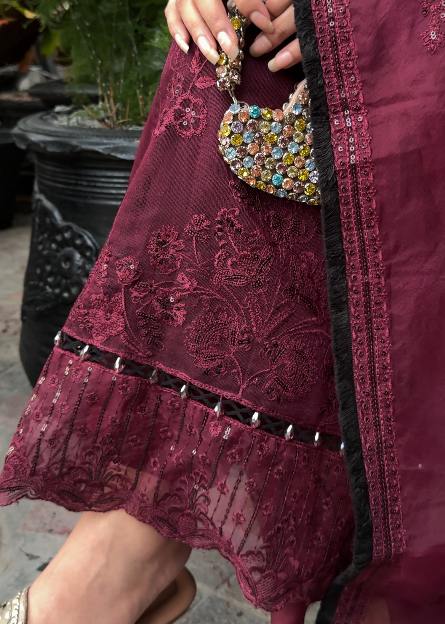 khaddi net Kurta Set in Plum