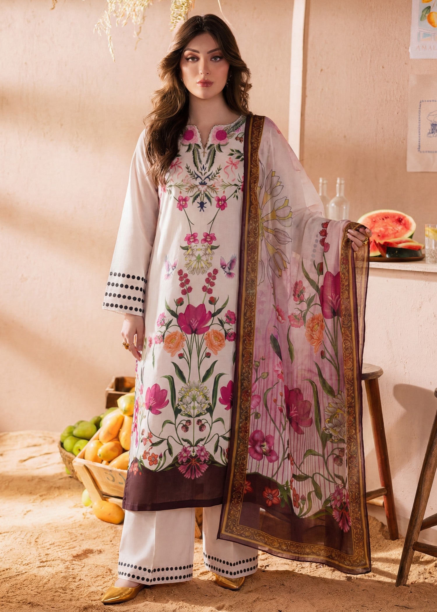 textured lawn Kurta Set in Multi