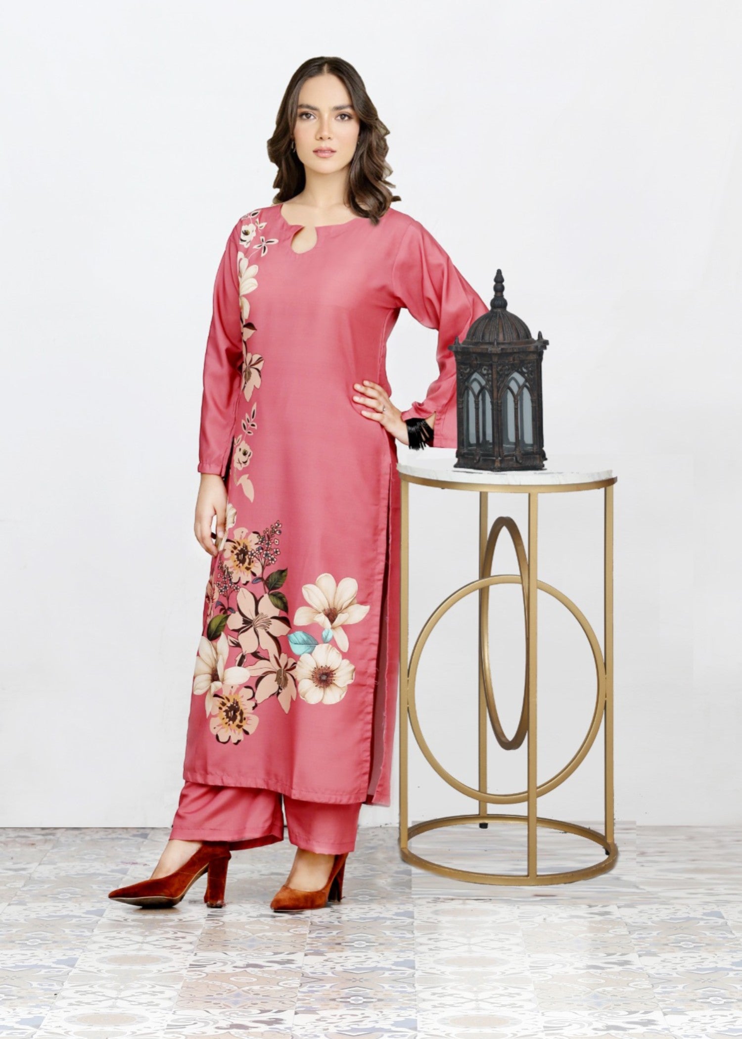 poly lawn Kurta Set in Melon pink