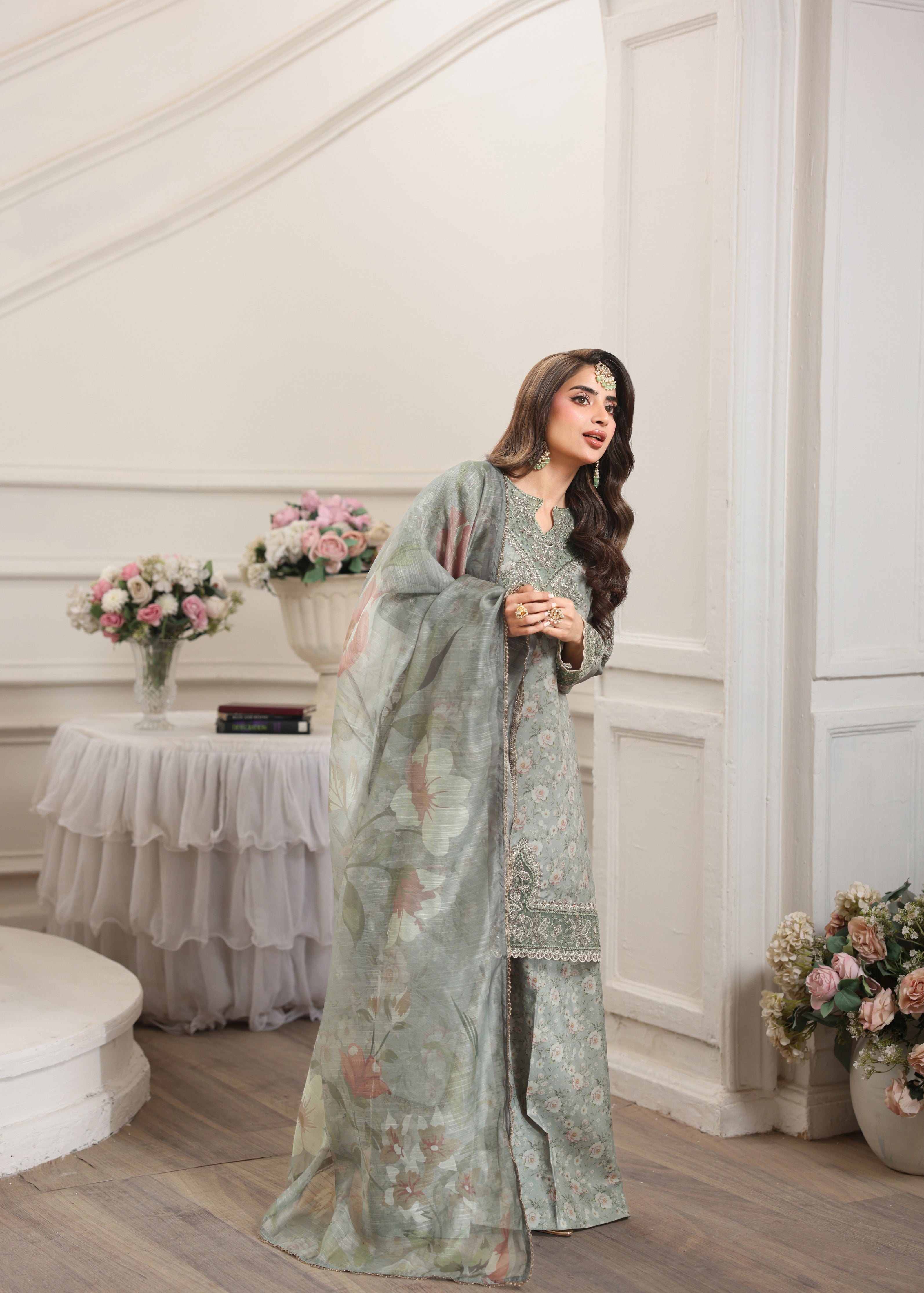 silk Kurta Set in Apple green, grey