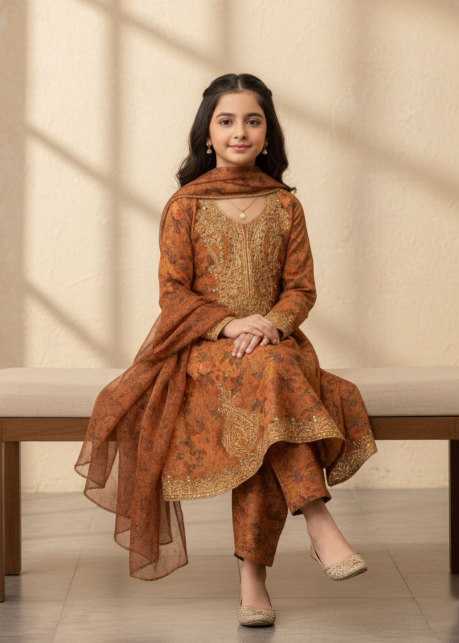 lawn Pishwas in Rustic brown