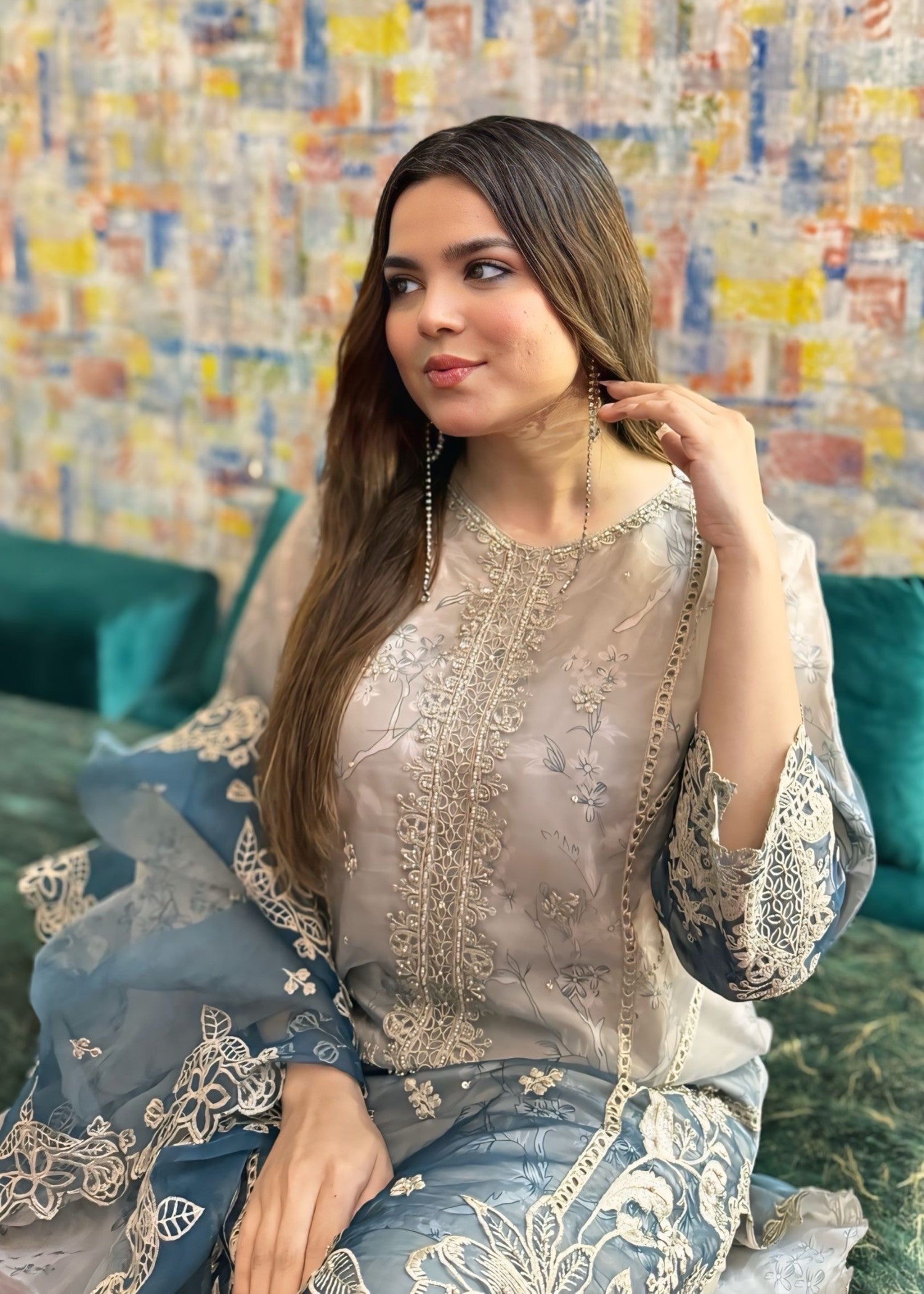 organza Kurta Set in Ash grey, grey