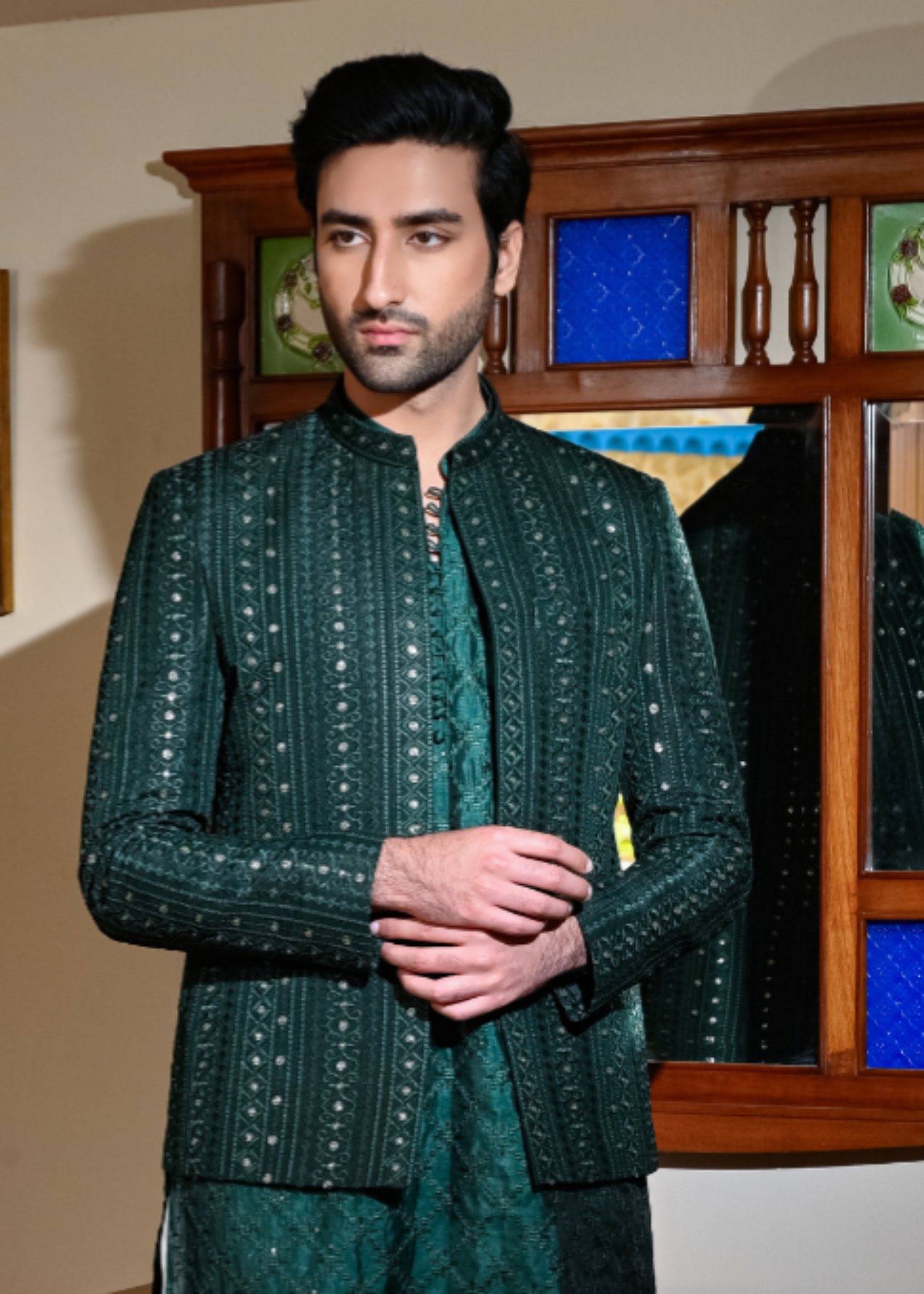 raw silk Prince Coat in Emerald green