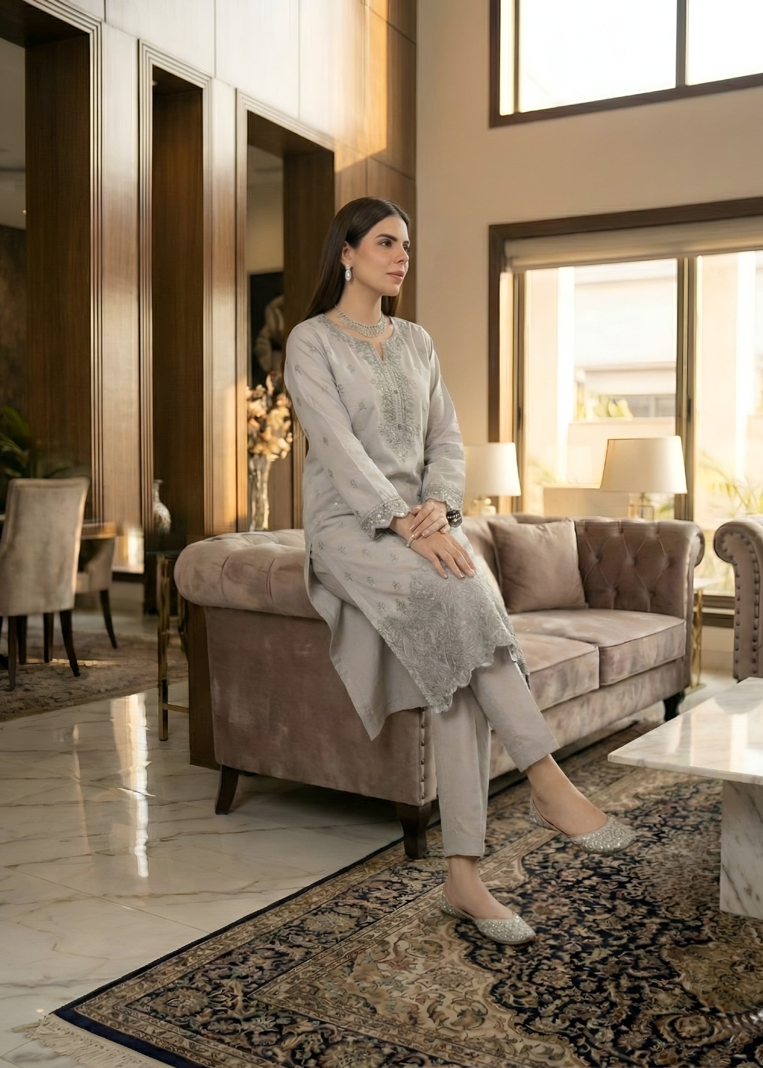 slub cambric Kurta Set in Ash grey