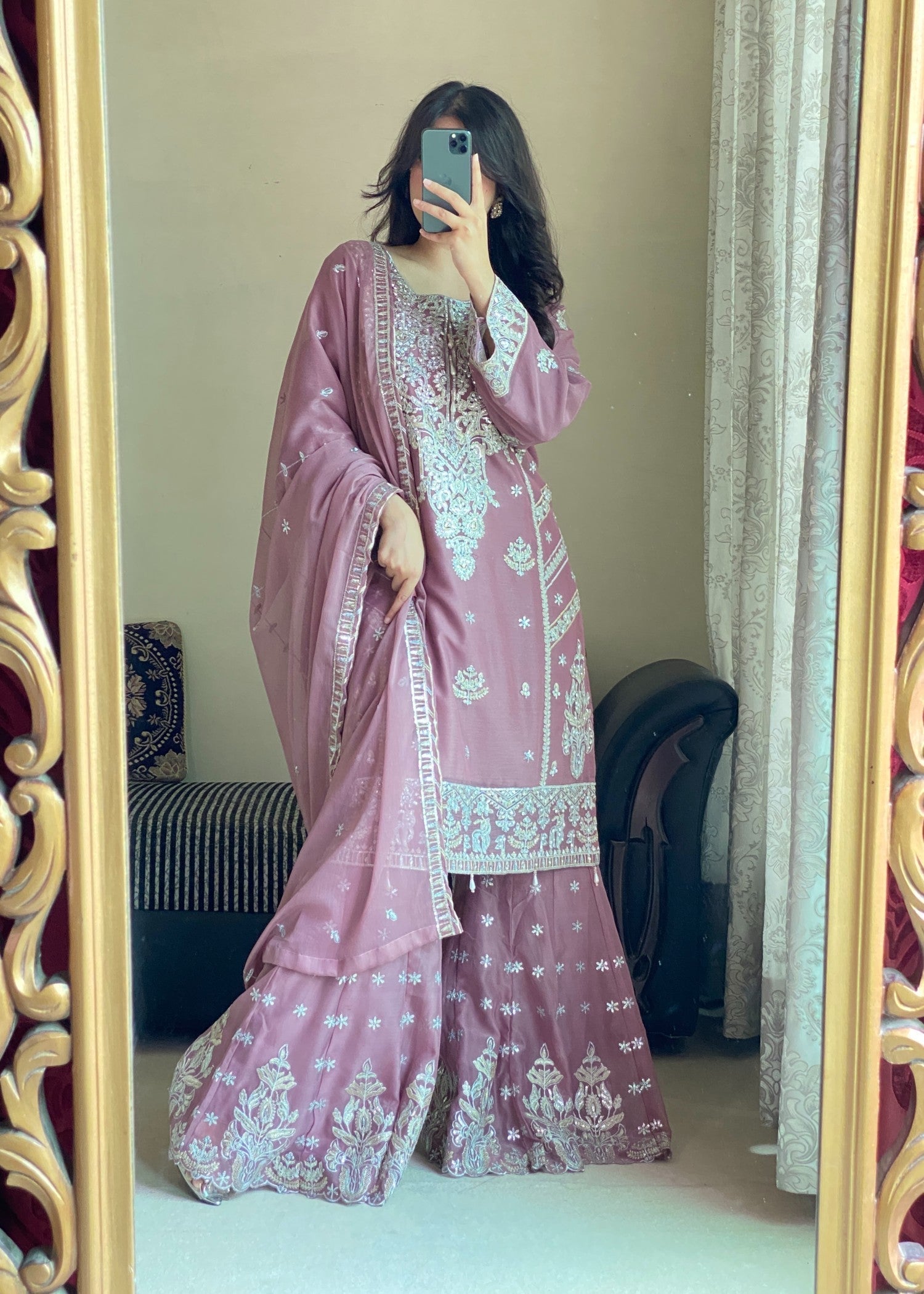 chiffon Gharara in Mauve pink