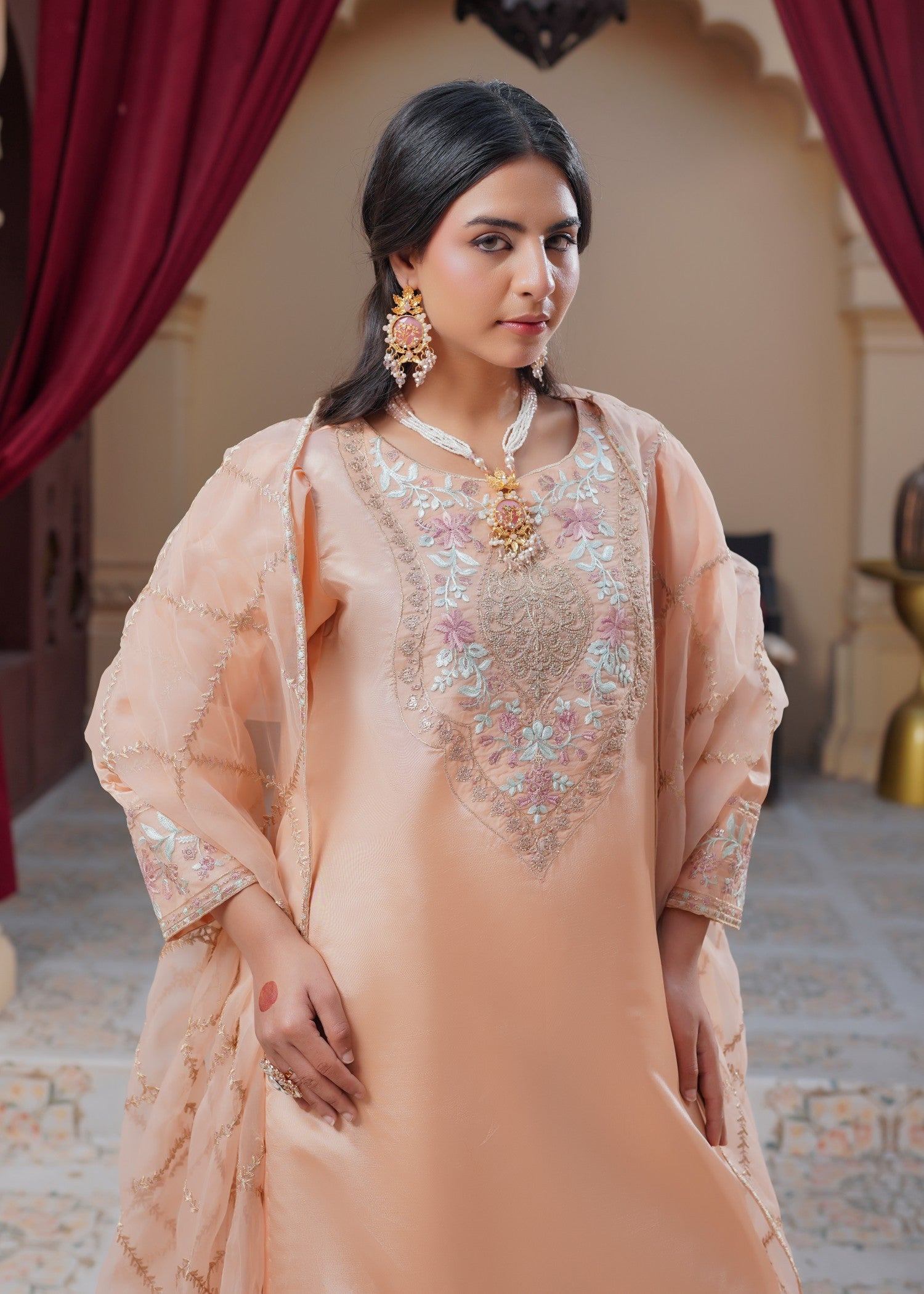 silk Sharara in Peach pink