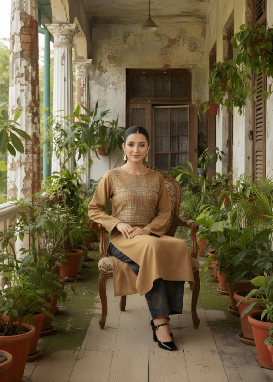 khaddar Kurta Set in Charcoal black, camel brown