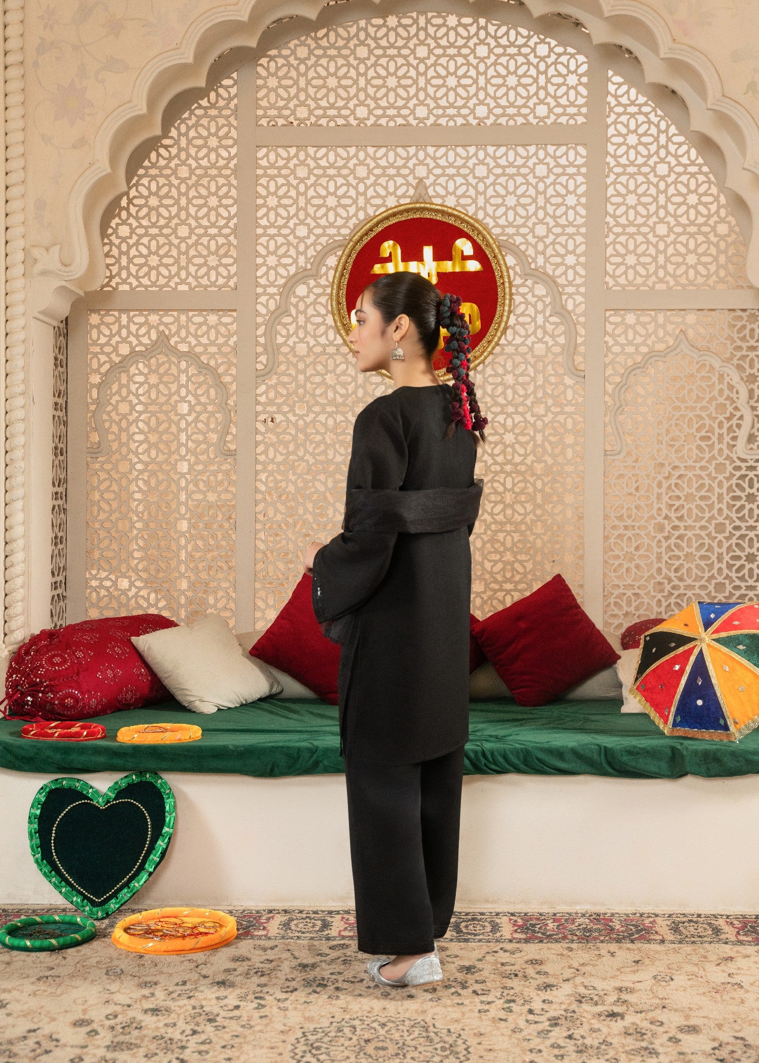 poly silk cotton net Kurta Set in Black