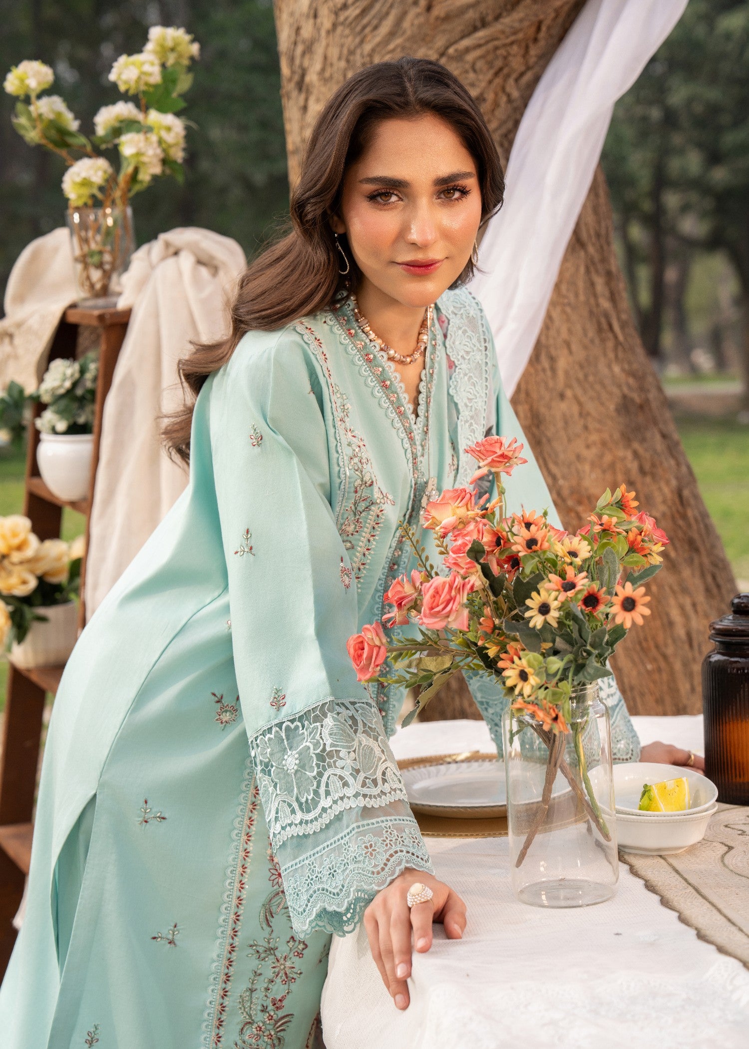 lawn Kurta Set in Light cyan