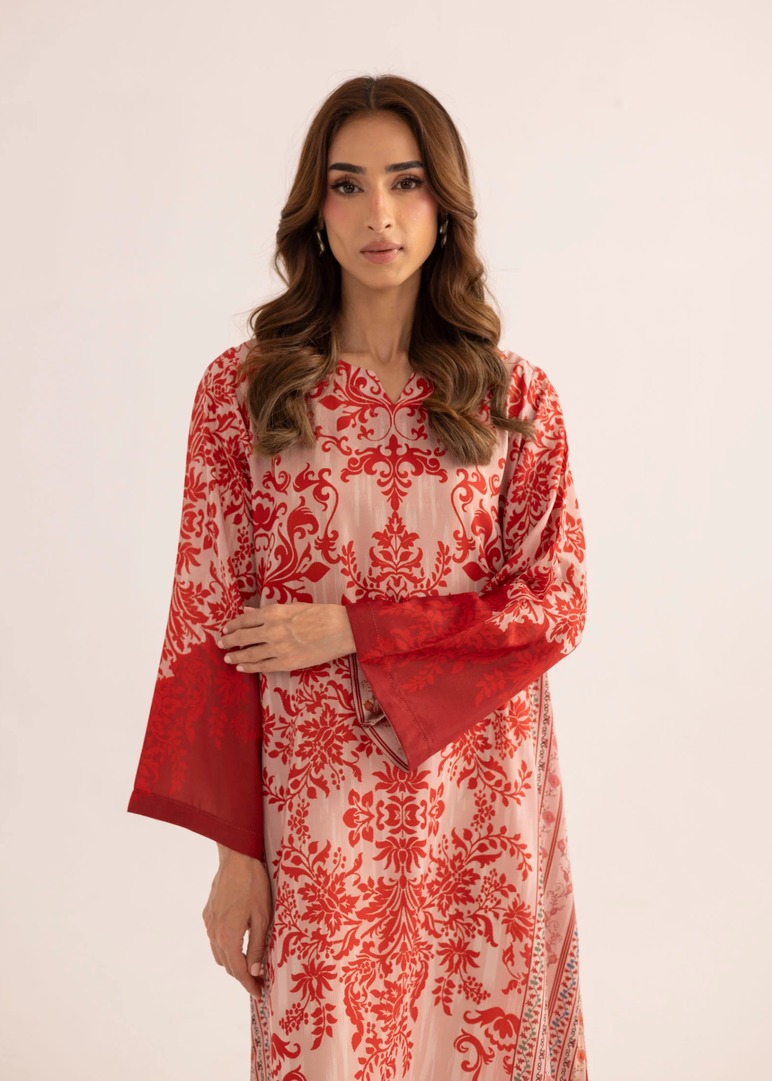 silk finish lawn Kaftan in Chili red