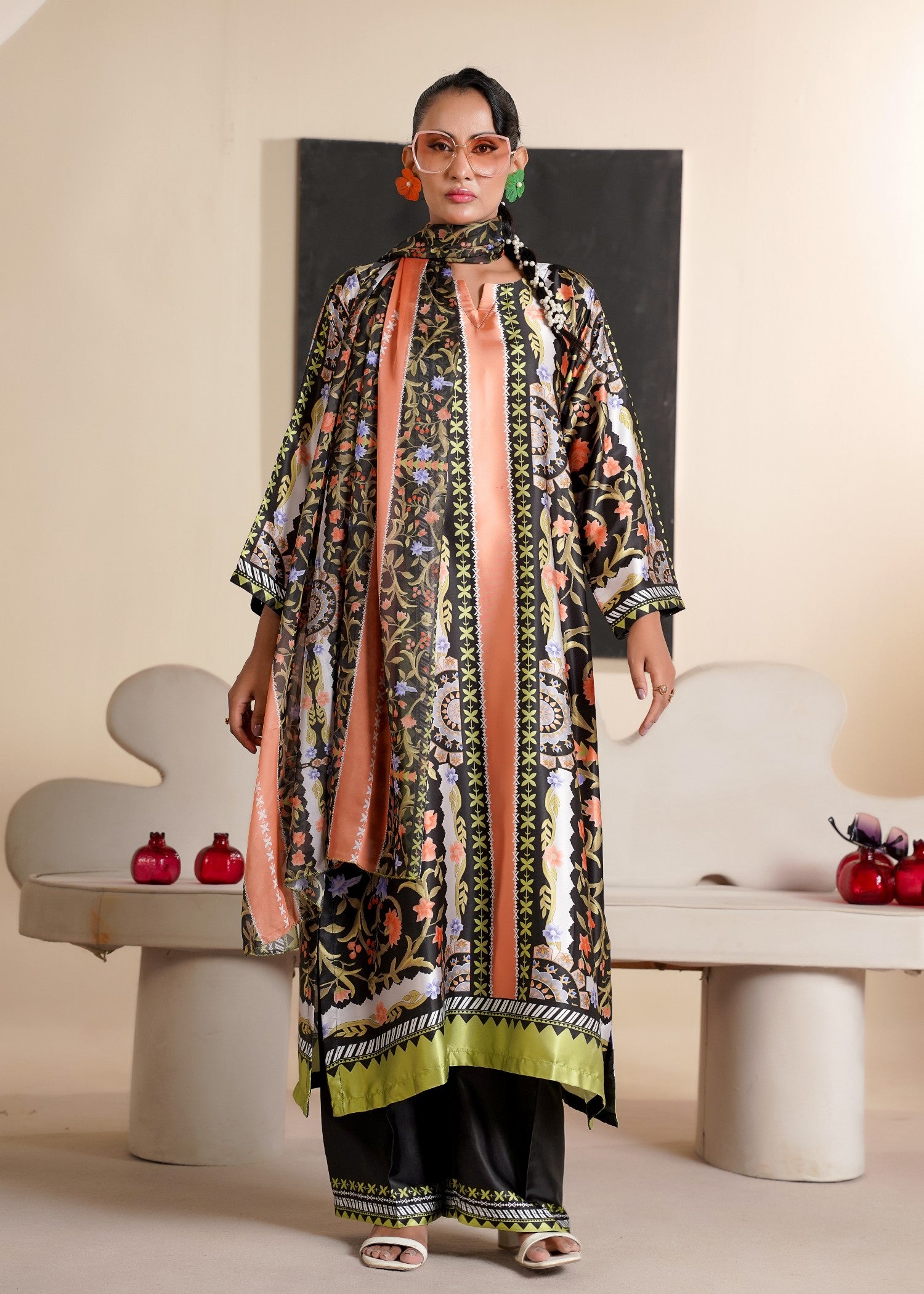silk Kurta Set in Black, peach orange