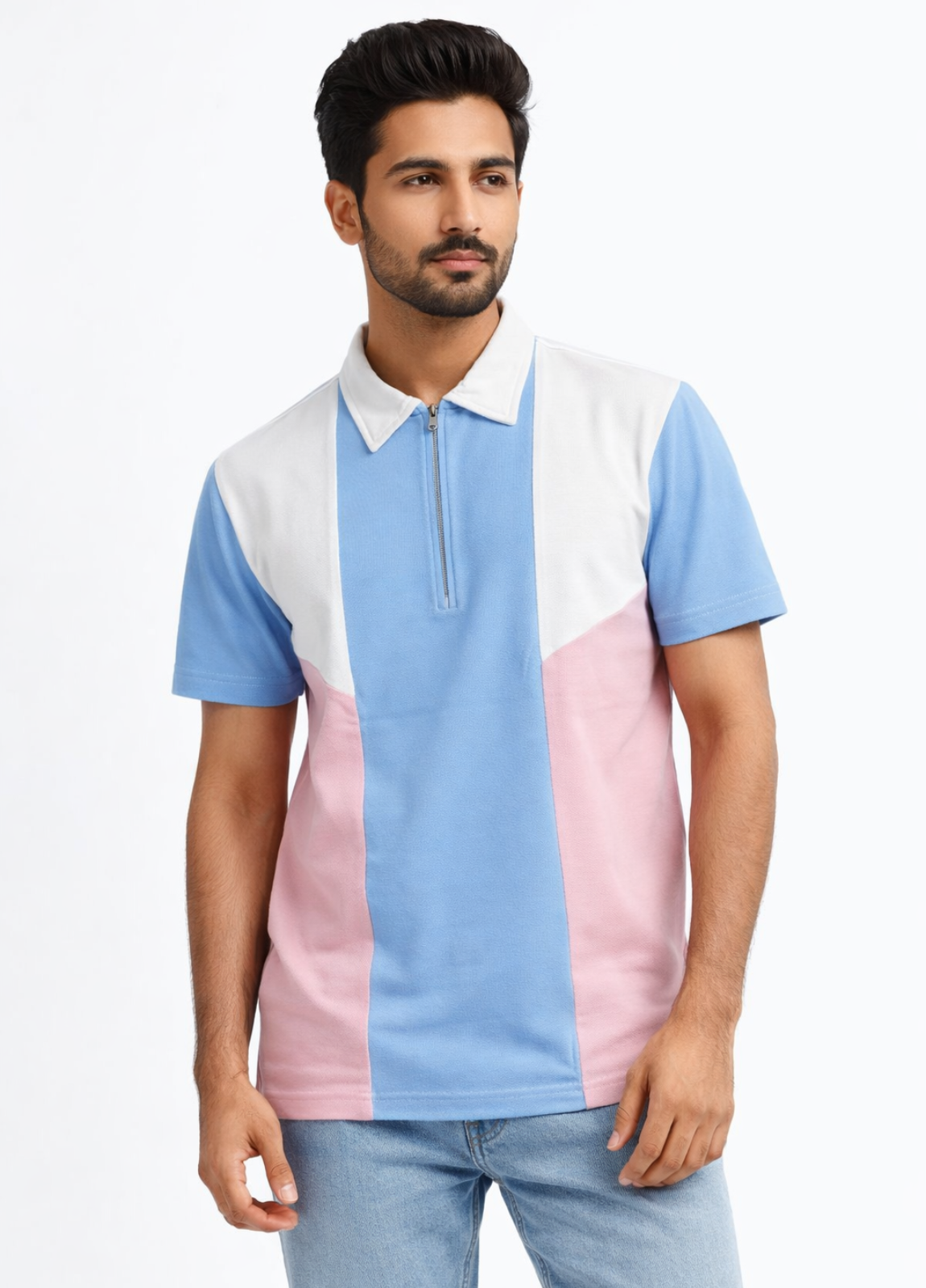single jersey knit Polo Shirt in Pink, sky blue