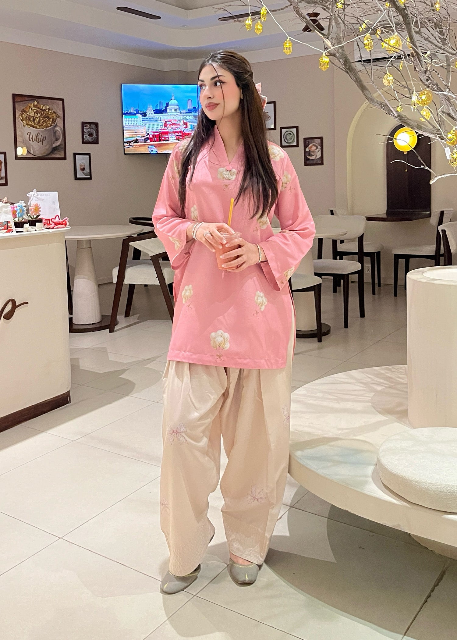 silk finish lawn Kurta Set in Pink