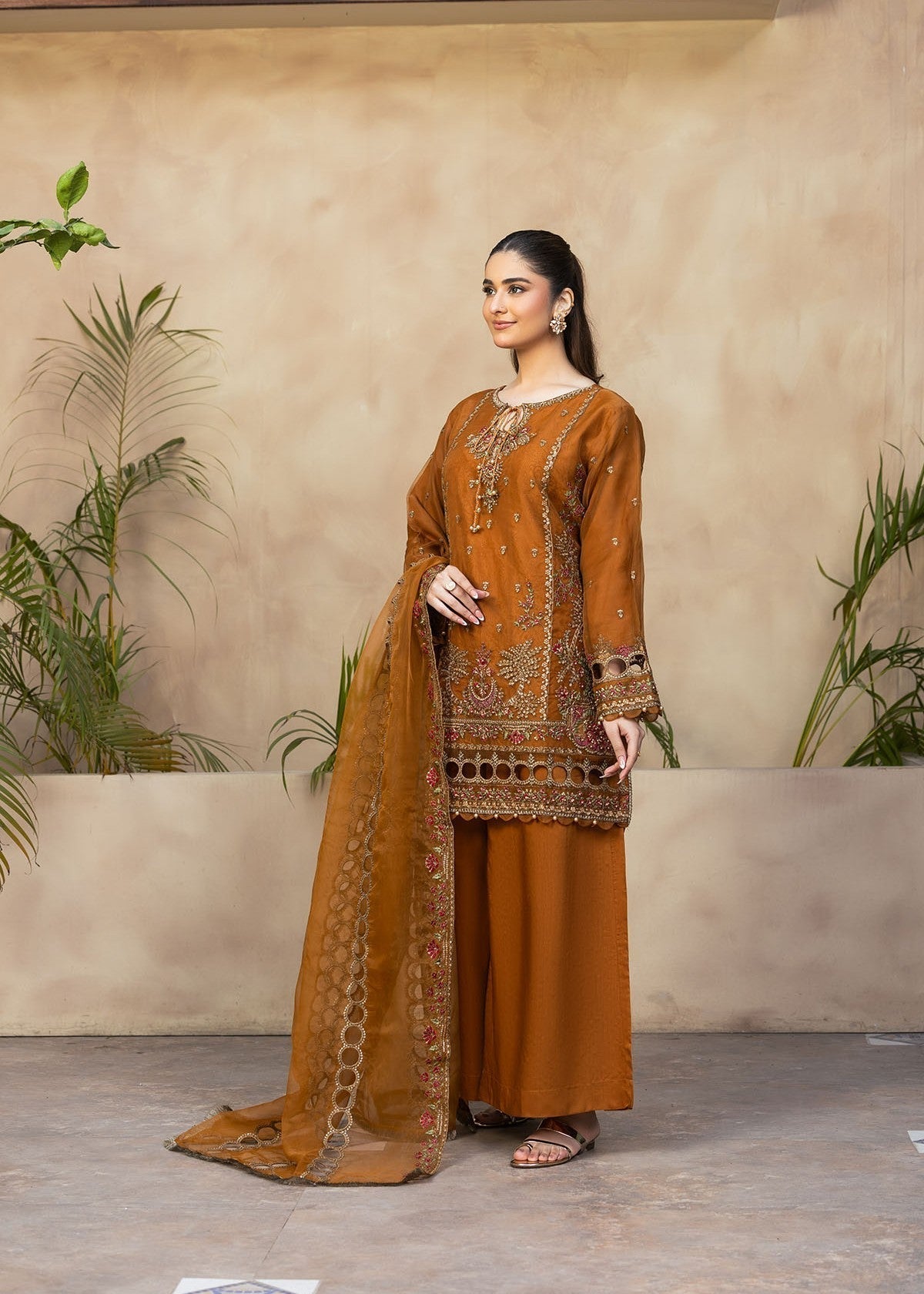 organza Kurta Set in Rustic brown