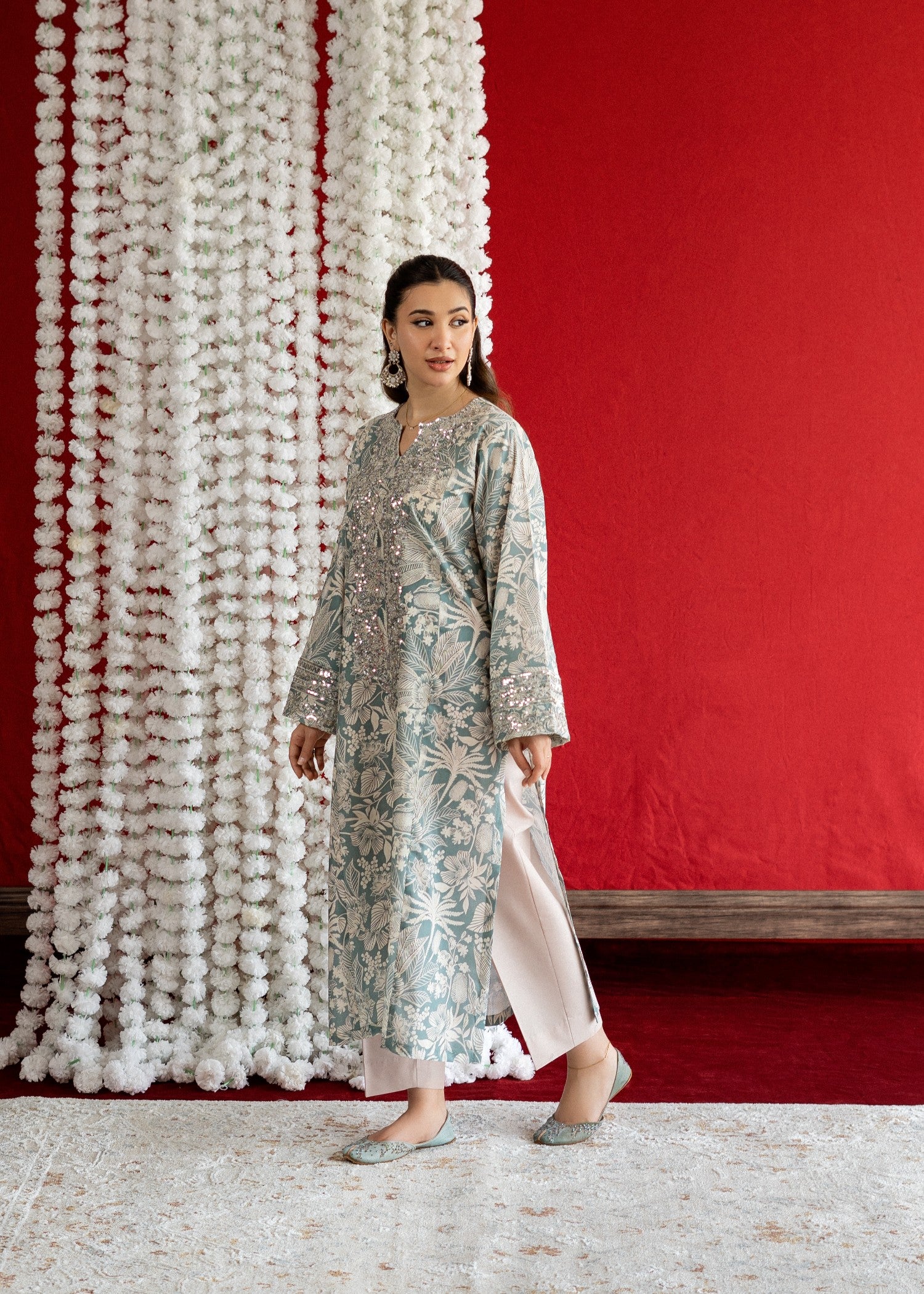lawn Kurta Set in Duck egg grey