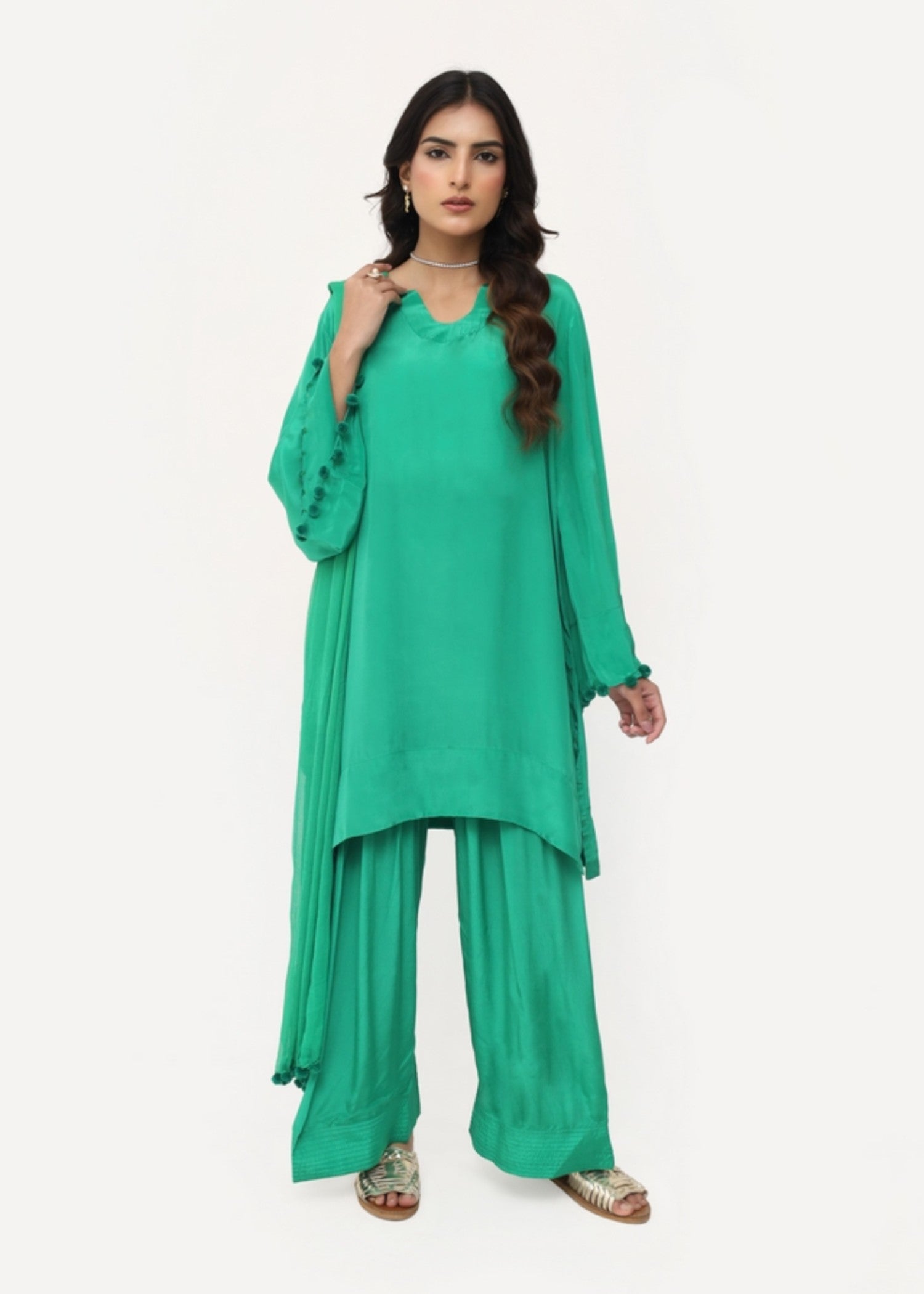 silk finish lawn Kurta Set in Green
