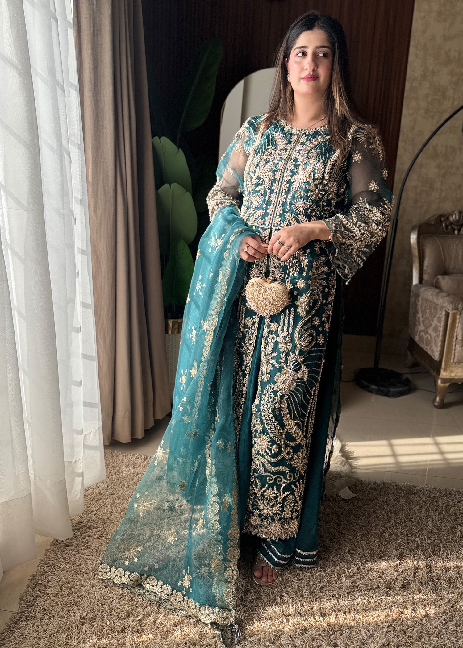 organza Lehenga in Sea green