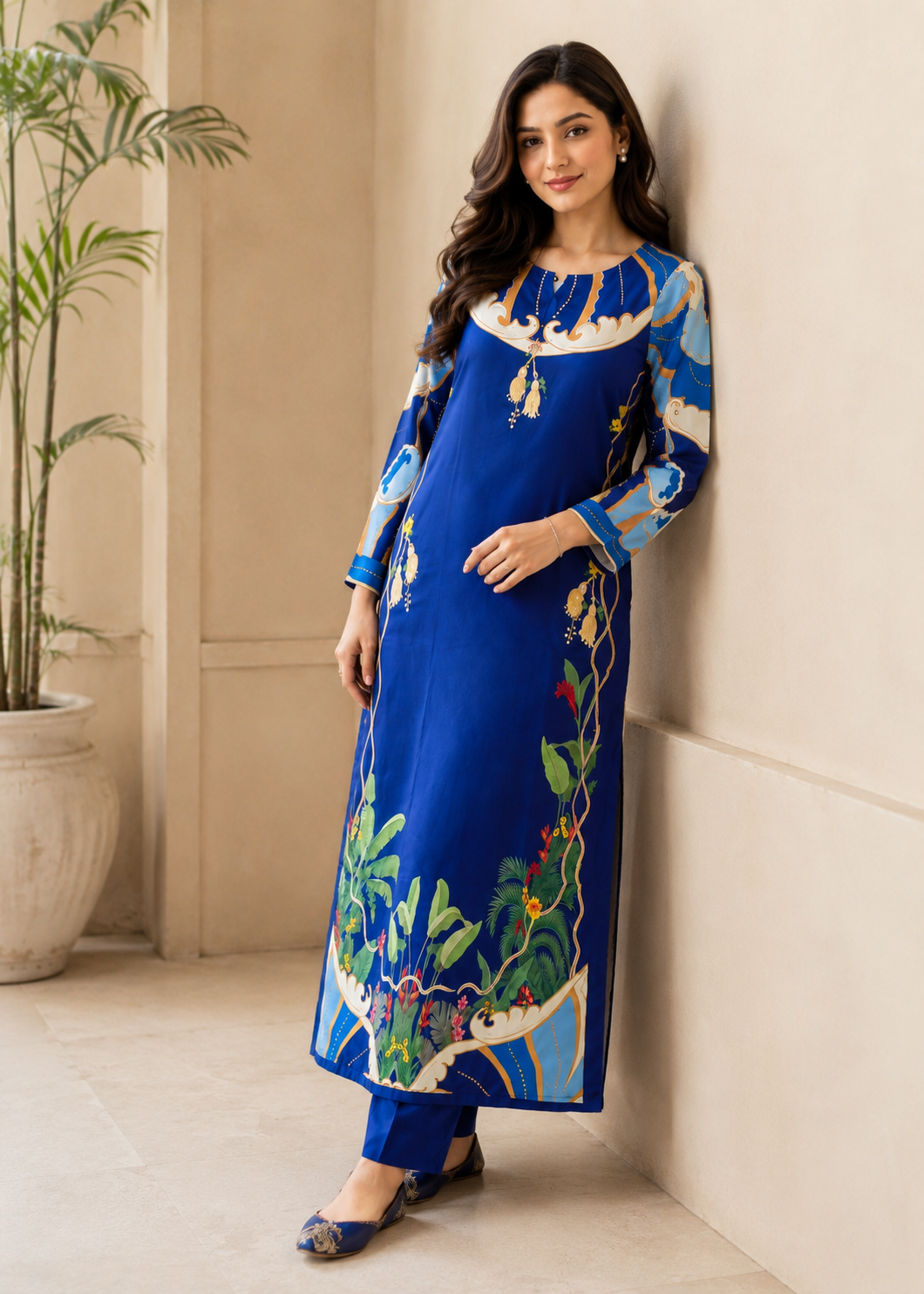 silk crepe Kaftan in Royal blue
