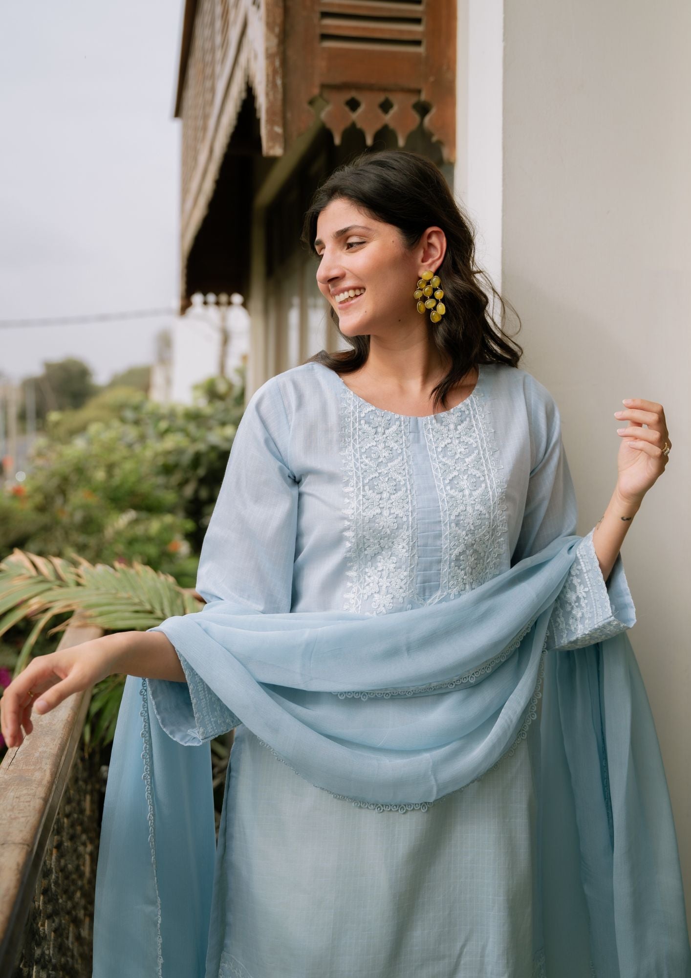 lawn Kurta Set in Ice blue, lemon chiffon